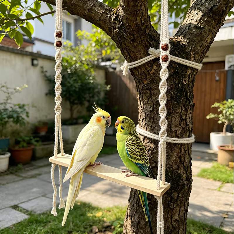 Suelo de Cauce Artesanal para Pájaros - Percha de Madera y Hamaca de Tela Macramé, Decoración Bohemia para Loros y Pinzones — imagen 3