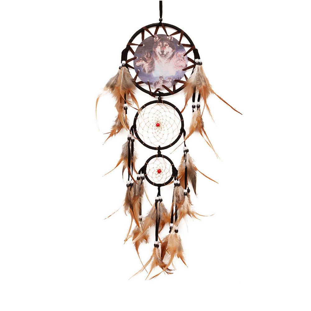 Cazador de Sueños Estilo Indio con Cabeza de Lobo Pintura al Óleo para Decoración de Hogar Pendiente de Pluma Natural — imagen 5