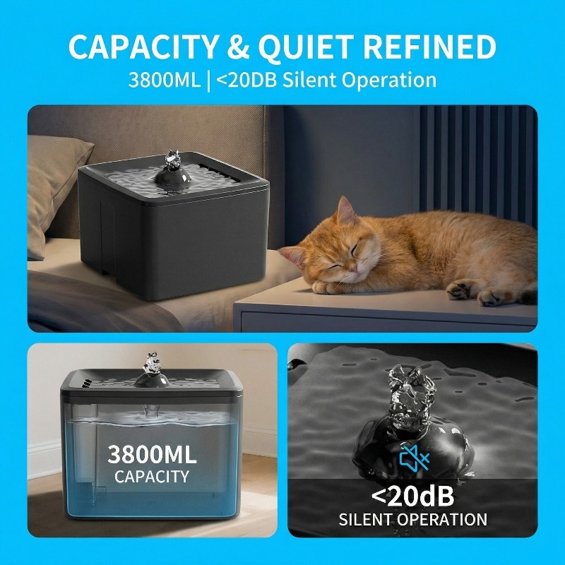 Fuentes de Agua Silenciosas para Mascotas Ultra-Resistentes, 3.800ml Capacidad Grande, Conexión USB Limpieza Fácil Para Gatos y Perros Pequeños — imagen 4