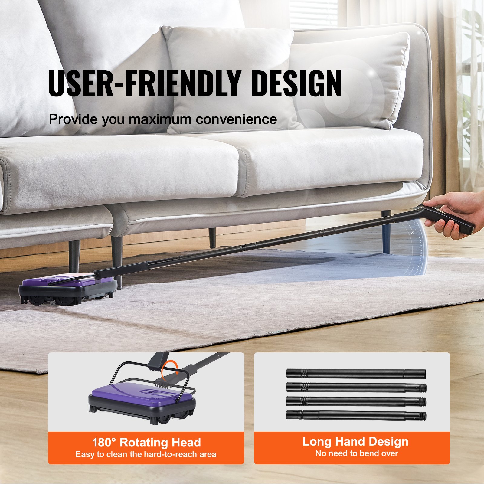 Carpet Sweeper Manual, Floor Sweeper With 300 Ml Dustbin Capacity Easy To Empty, 6.7 Inch Cleaning Width For Home Office Carpets Pet Hair Dust, Purple — imagen 5