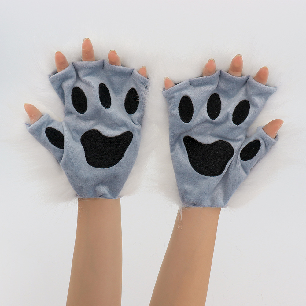 Fuzzy Cat Paw Gloves Halloween Costume Prop Cosplay Wearable Half-Finger Animal Paws Winter Warmth — image 6