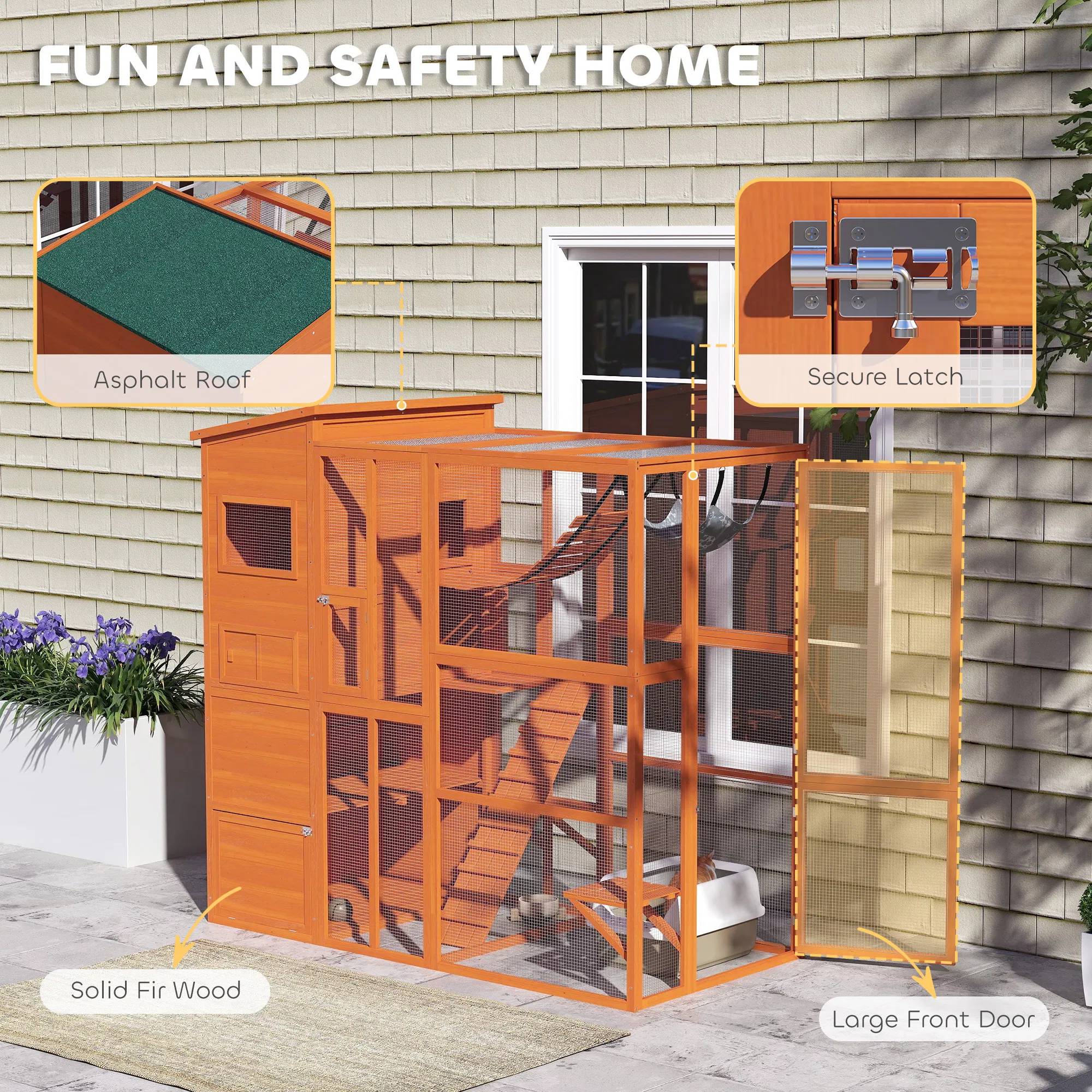 76" Catio Outdoor Cat Enclosure with Cat Condo, Jumping Platforms, Ladder, Ramps, Hammock for 2-3 Indoor Cats, Orange — image 5