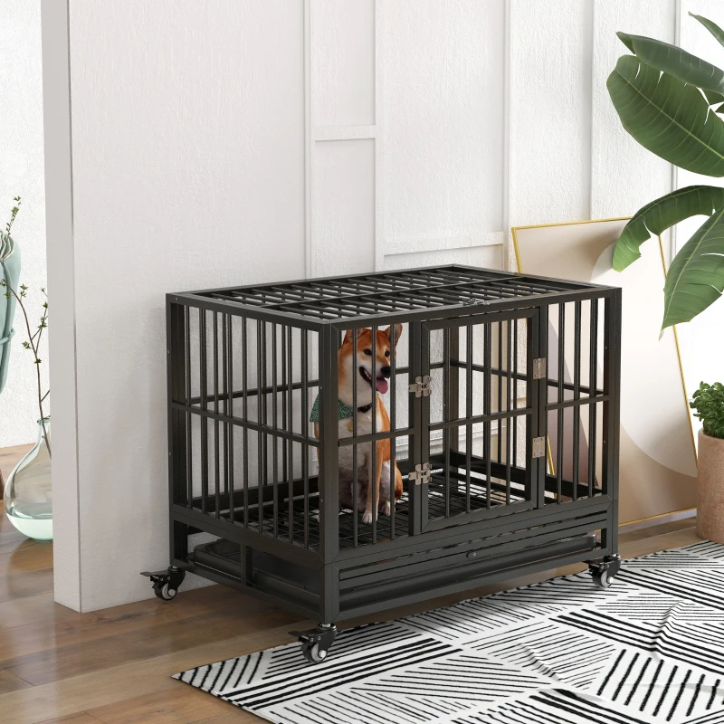 Heavy Duty Dog Crate Metal Cage Kennel With Lockable Wheels, Double Door And Removable Tray, Gray — imagen 10