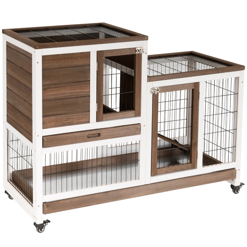 PawHut Wooden Rabbit Hutch Elevated Bunny Cage Indoor Small Animal Habitat With Enclosed Run With Wheels, Ramp, Removable Tray For Rabbits, Chickens, Ducks, Guinea Pigs, Brown — imagen 10