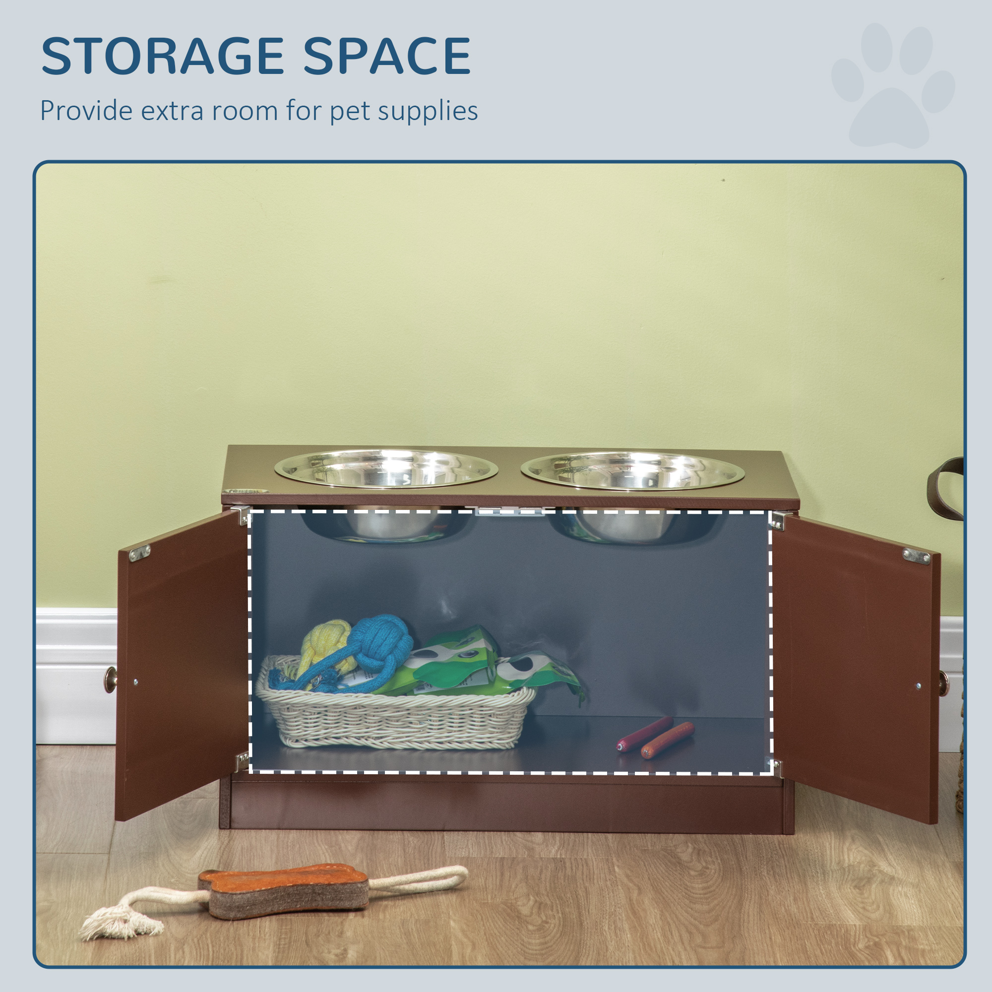 Platos para Perros Elevados con Armario de Almacenamiento, Soporte para Comida Canina con Espacio para Accesorios, Marrón — imagen 2