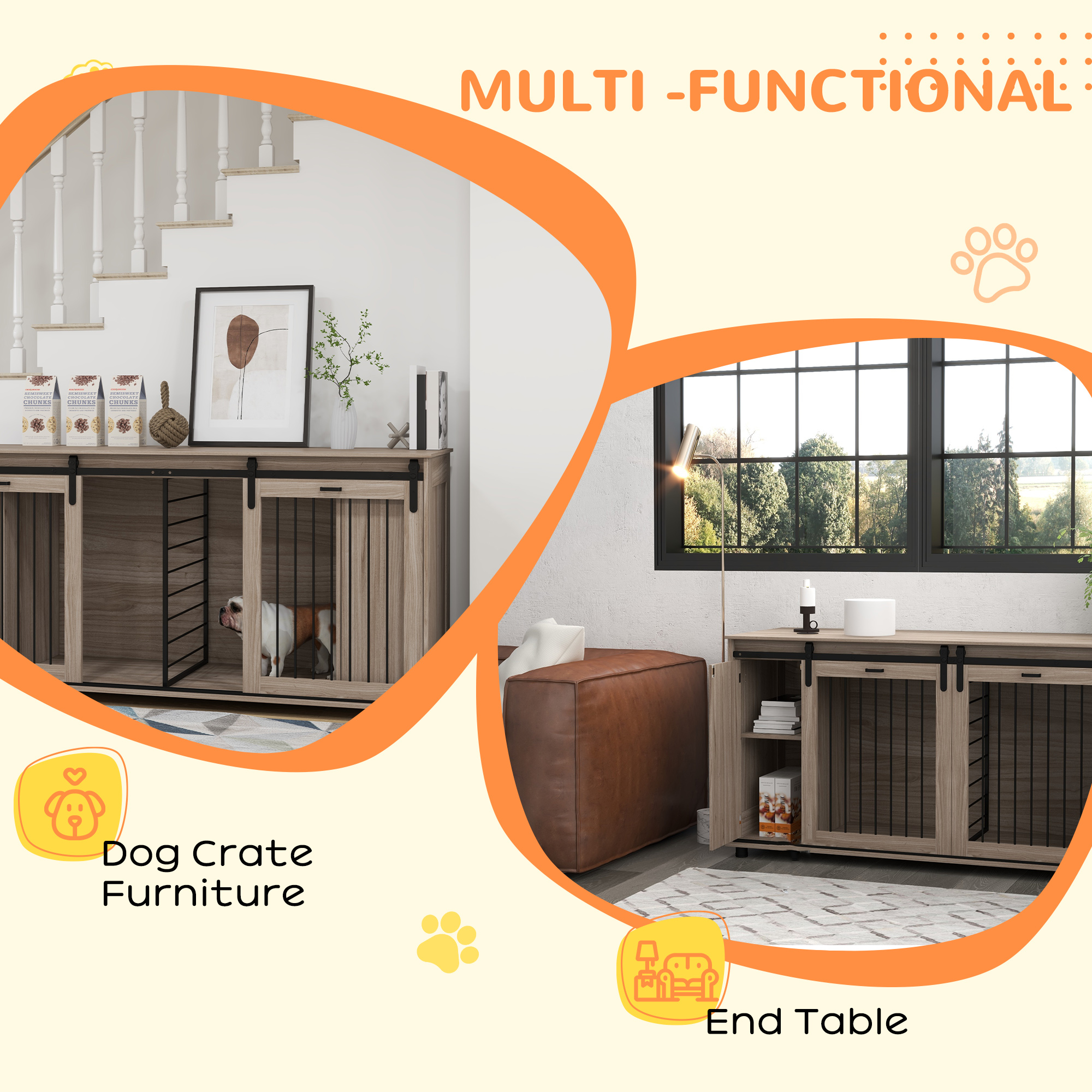 Gabinete de Perro Moderno de 71" con Divisor Removible, Almacenamiento para 2 Pequeños o 1 Gran Canino, Roble — imagen 5