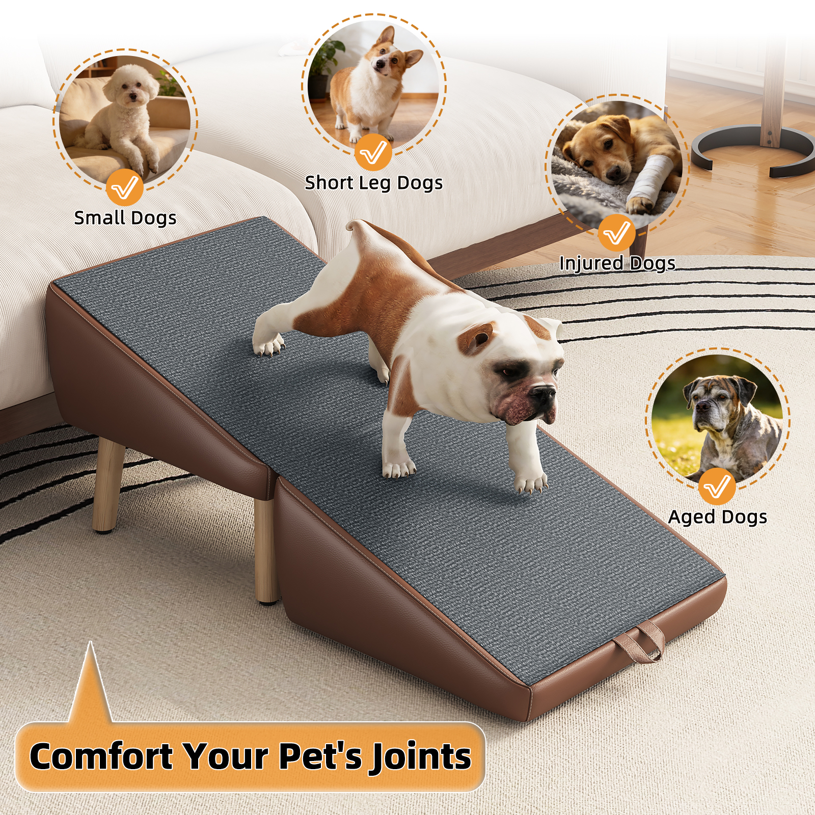 Escaleras para Perros Compactas 2 en 1 de Madera para Canes y Camas, Rampita para Mascotas con Diseño de Sofá (MARRÓN) — imagen 11