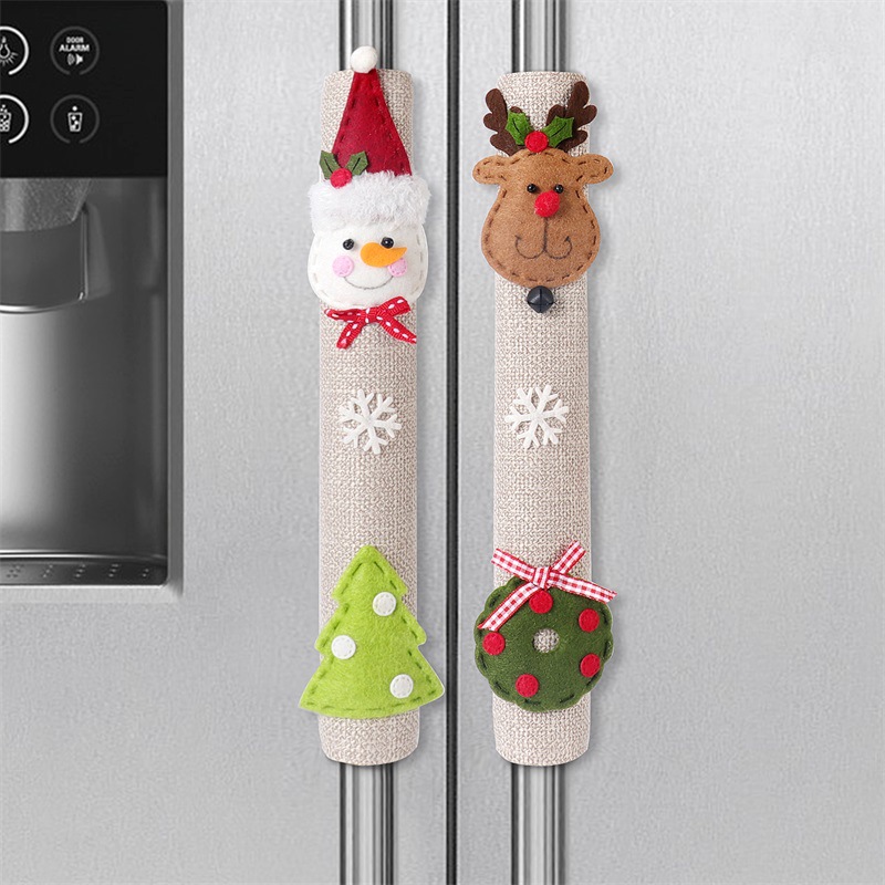 Christmas Home Decoration Products Santa Claus Snowman Elk Linen Refrigerator Handle Sticker Microwave Oven Handle Cover — image 2
