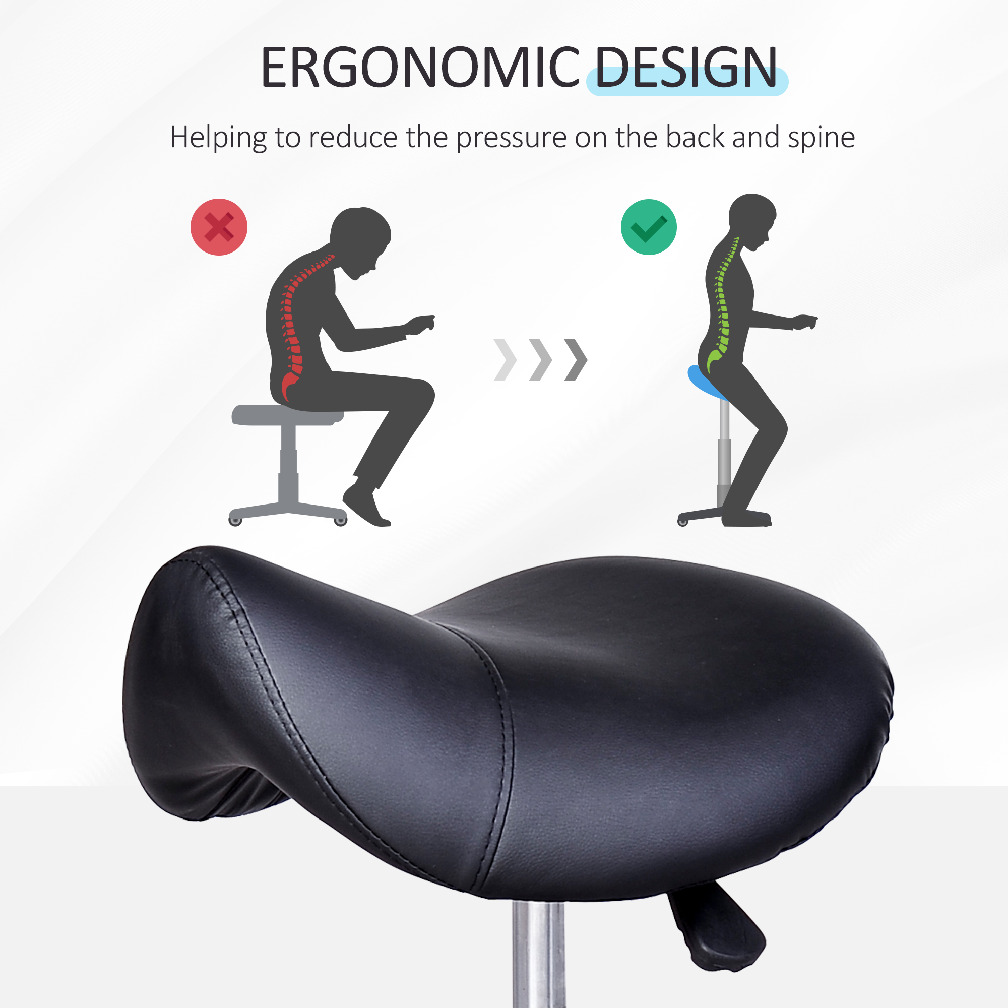 Rolling Saddle Stool, Swivel Salon Chair, Ergonomic Faux Leather Stool, Adjustable Height with Wheels for Spa, Salon, Massage, Office, Black — image 3