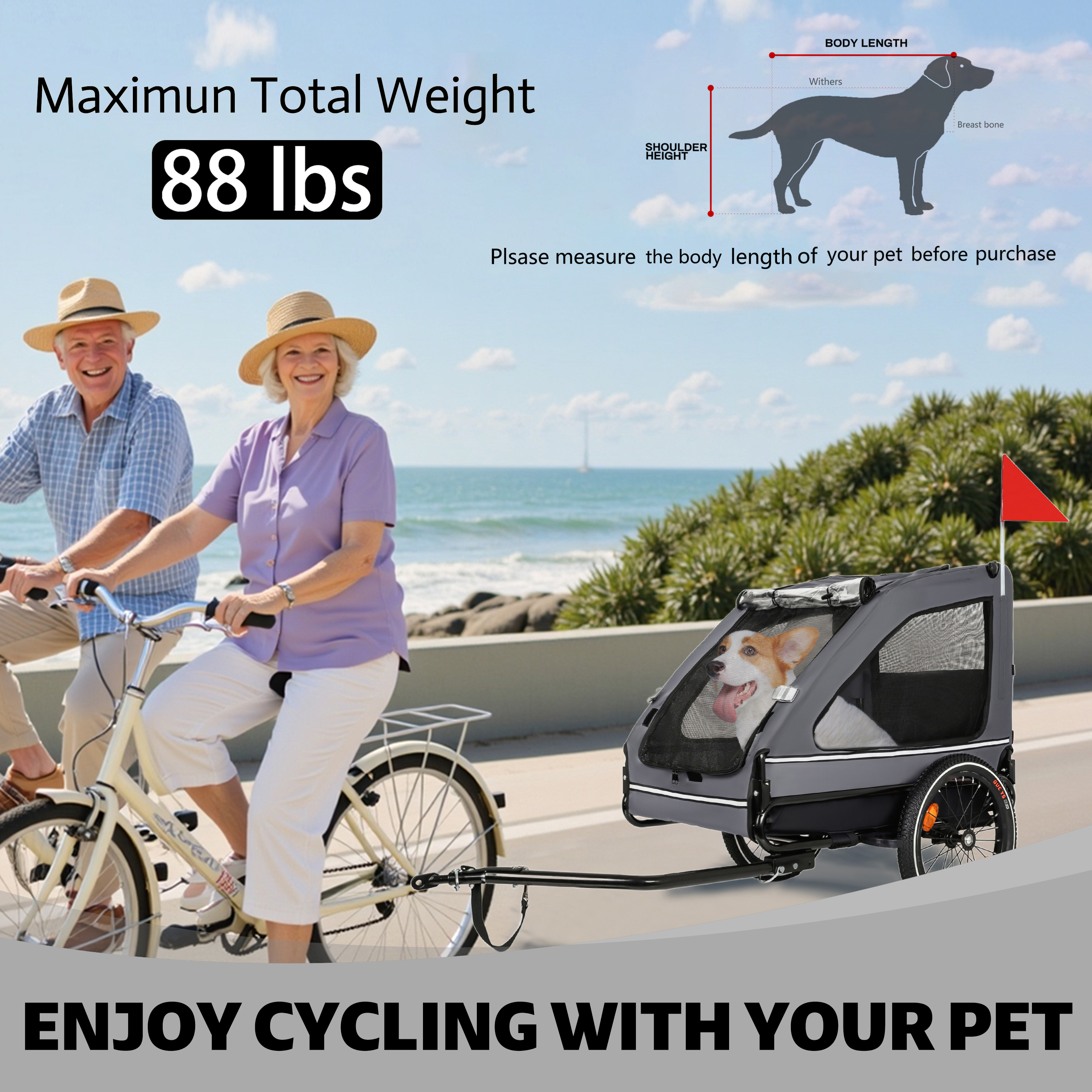 Pet Bike Trailer Dog Cart For Bicycle, Suitable For Small And Medium Pets, Easy Folding Cart Frame, Quick Release Wheel, Non-Slip Floor, Internal Leash, Black Grey — imagen 4