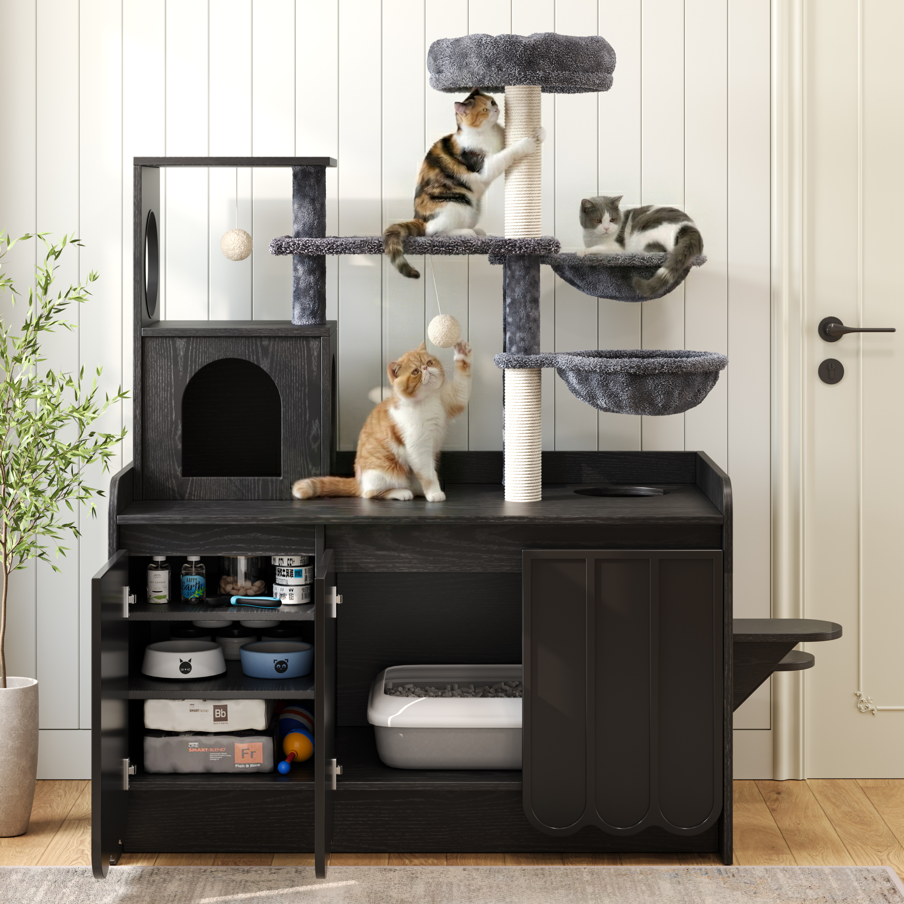 Rascador para Gatos de 50.6" con Cubierta para Caja de Arena, Torre para Gatos con Poste Rascador de Sisal y Espacio de Almacenamiento, Mueble con Caja de Arena Oculta, Condominio Moderno Todo en Uno con Casa, Hamaca y Percha, Negro — imagen 5