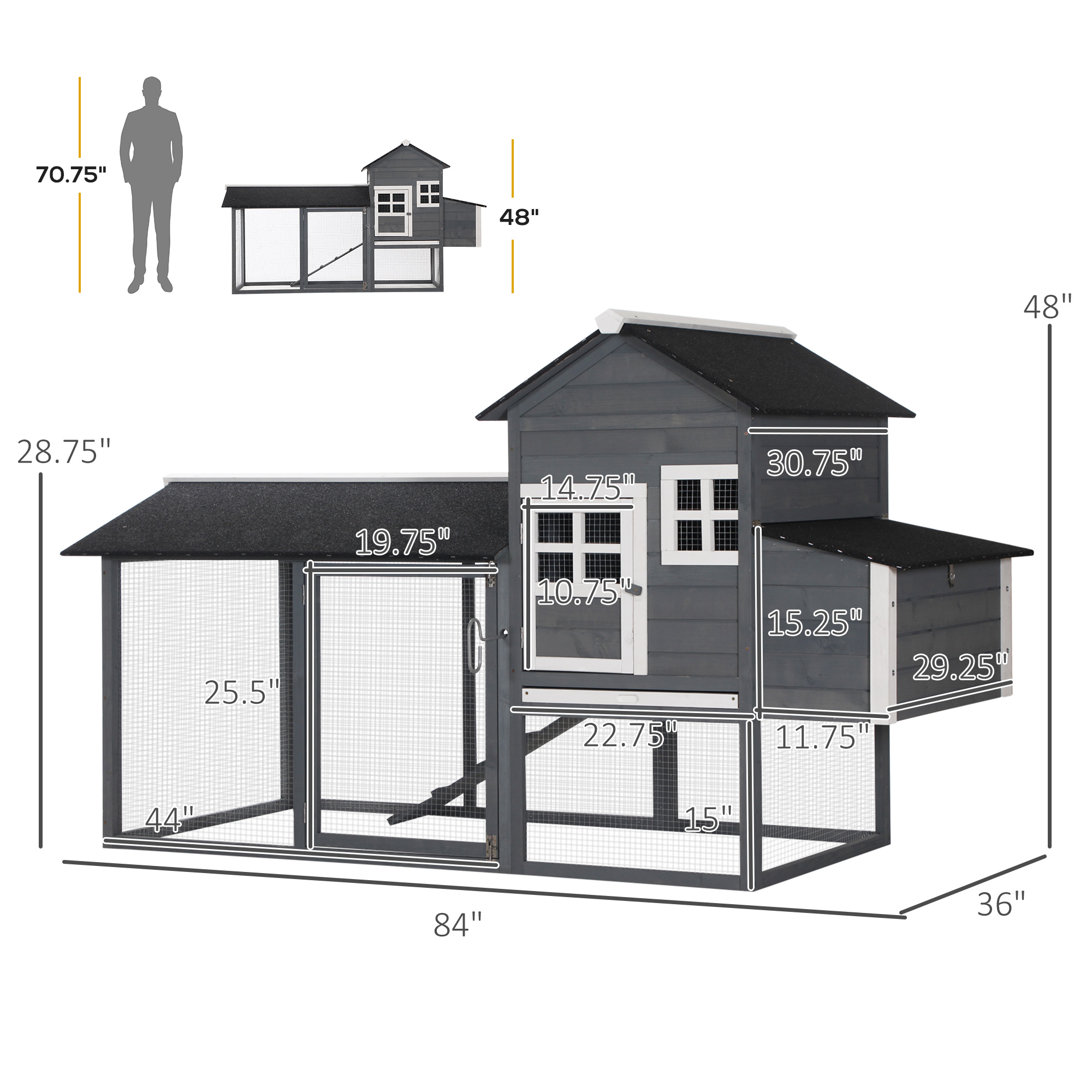 84" Wooden Chicken Coop, Hen House Outdoor with Run Nesting Box, Asphalt Roof, Removable Tray, Ramp, Poultry Cage for 2-3 Chickens, Gray — imagen 3