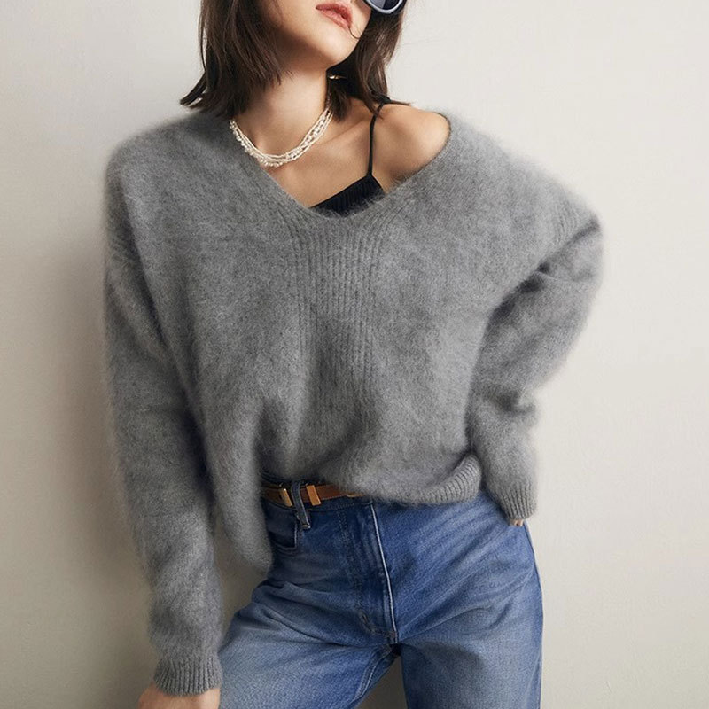 Women's Faux Mink V-Neck Long Sleeve Pullover Sweater Loose Knit Top — image 9
