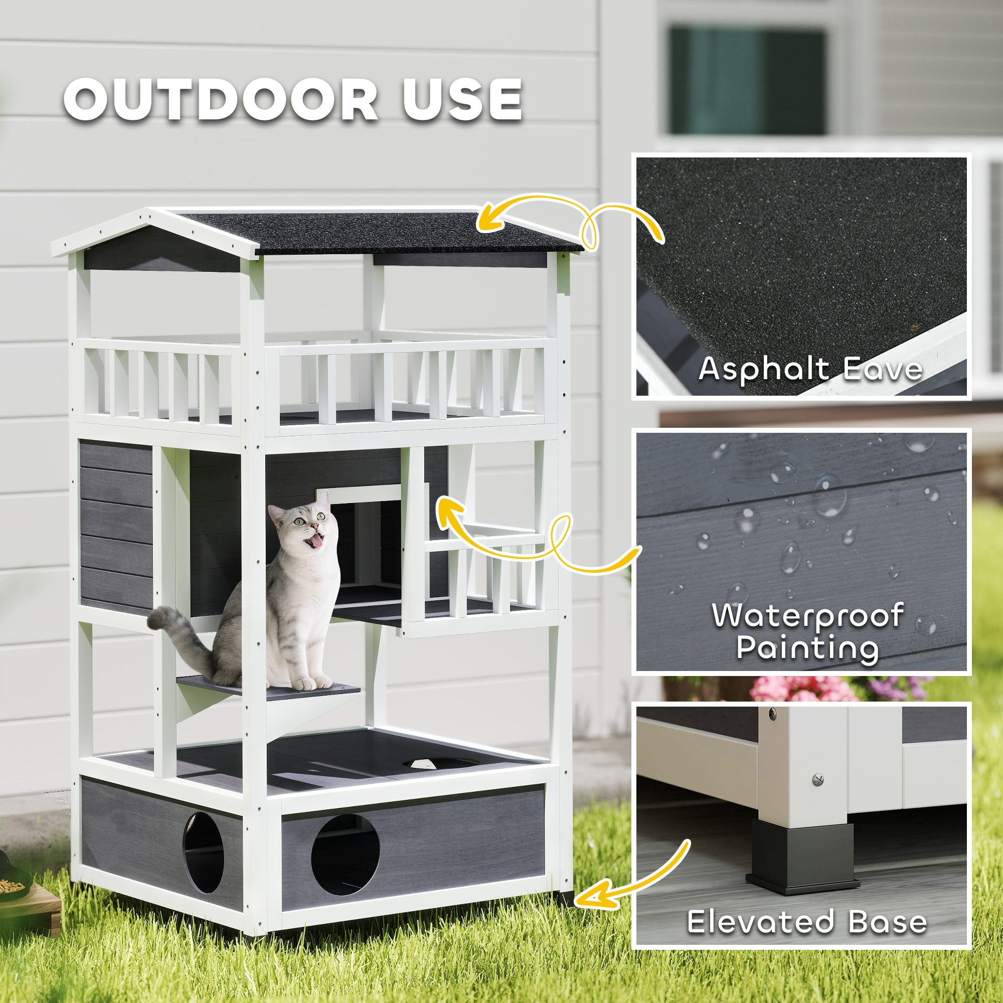Wooden Outdoor Cat House, Feral Cat Shelter Kitten Condo with Asphalt Roof, Escape Doors, Condo, Jumping Platform, Gray — imagen 8