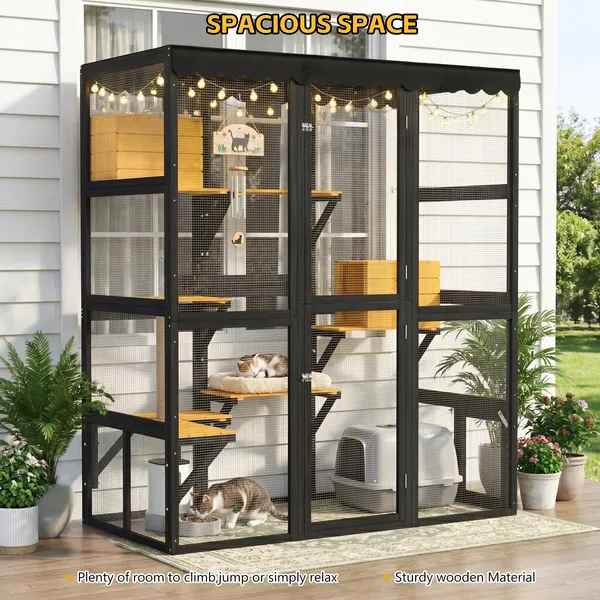 Catio para Gatos al Aire Libre: Encierro Exterior Grande de Madera con Conexión de Ventana para Varios Gatos, Casa para Gatos con Acceso Peatonal, 2 Condominios, 5 Plataformas, 4 Puertas y Cubierta Resistente al Tiempo — imagen 1