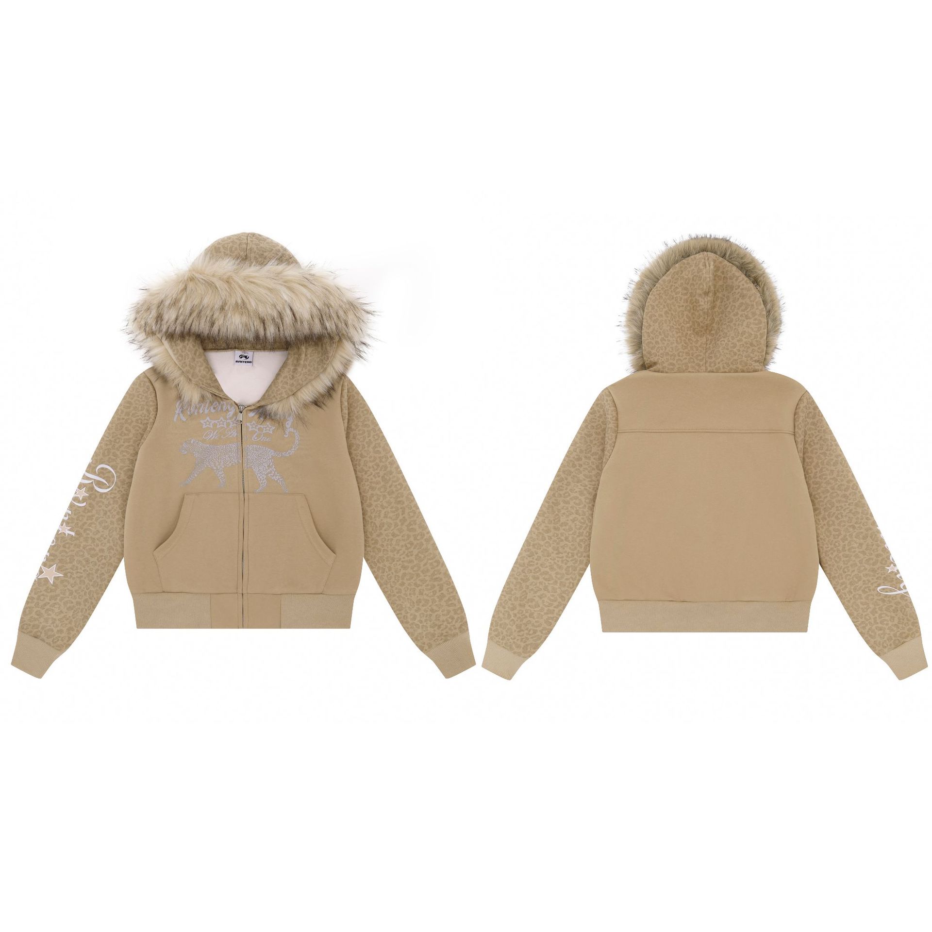 Leopard Print Splicing Zip Up Detachable Faux Fur Hood Jacket — image 5