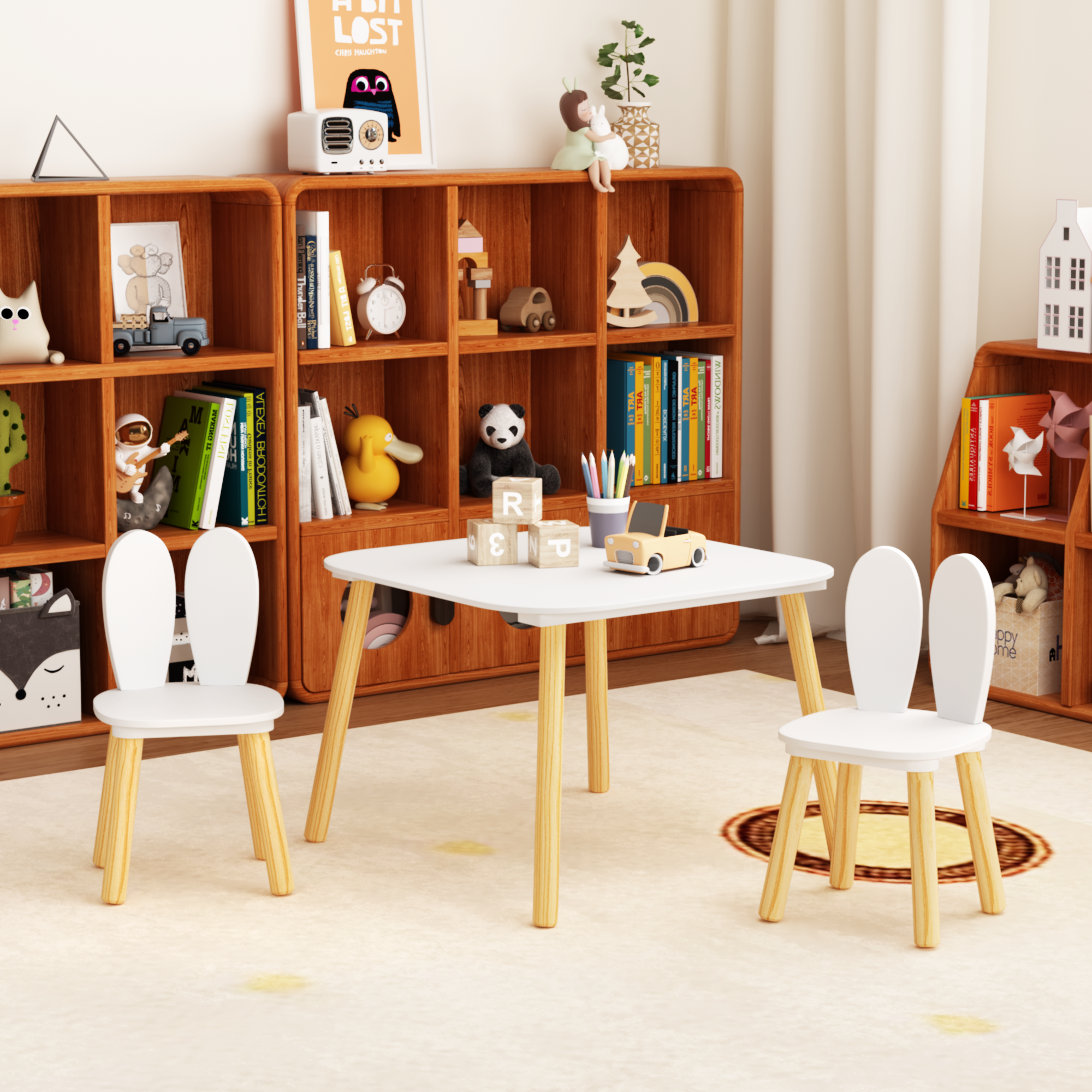 Conjunto de Mesa y 2 Sillas para Niños, 3 Piezas - Mesa Temática Conejo para Bebés con Sillas de Orejas de Conejo, Mueble de Actividad para Pequeños en Madera Toda, Pintura Blanca — imagen 4
