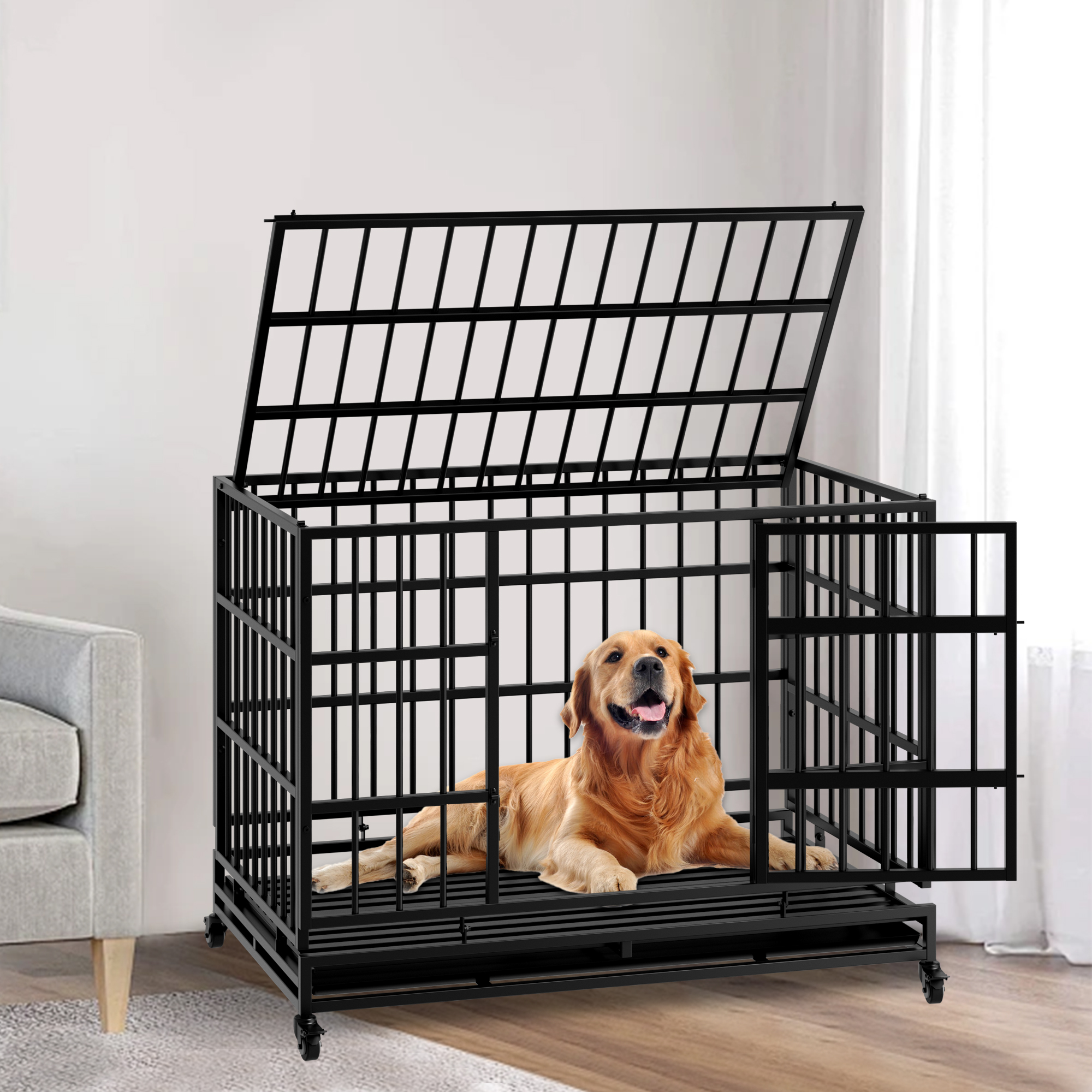 Caja de Perro Resistente al Uso Intenso con Ruedas, Cárcel de Metales Plegables para Perros Grandes y Medianos — imagen 3
