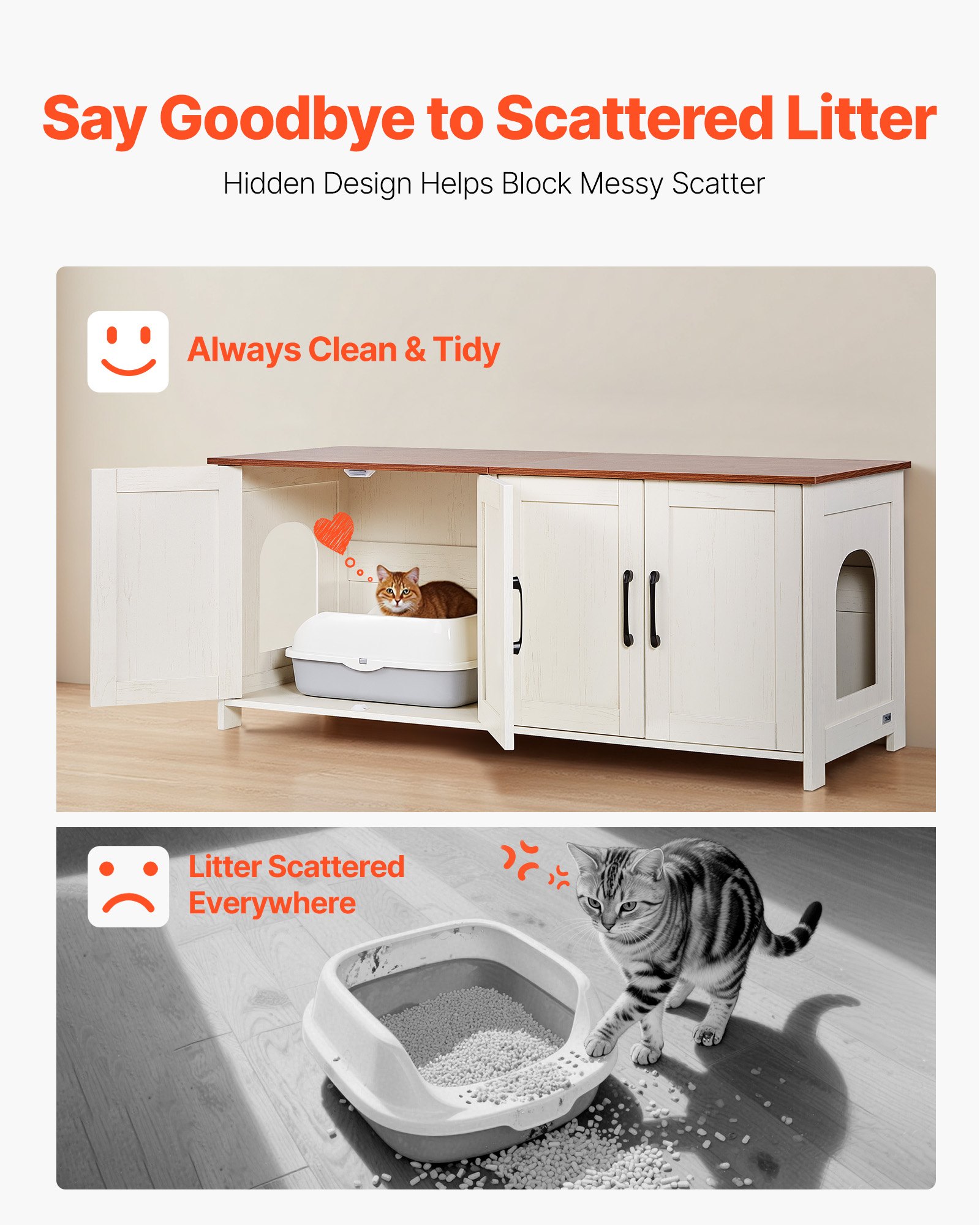 Cat Litter Box Enclosure For Multi Cats, 47.2 In Hidden Litter Box Cabinet With 4 Doors & 2 Entries, Indoor Cat Washroom, Wooden Kitty House Furniture, Fit Most Litterboxes, Brown & White — image 5