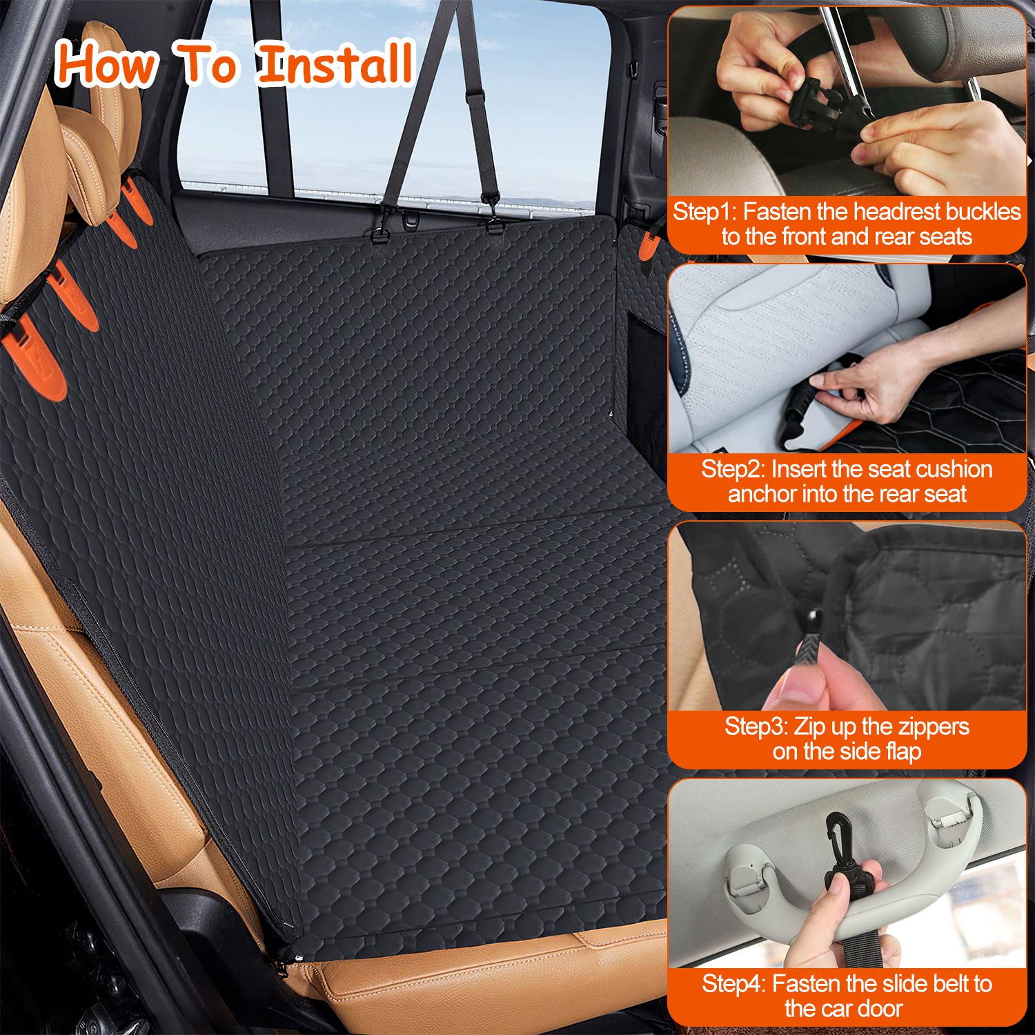 Cubierta de Asiento para Perros con Ventana de Malla y Bolsas de Almacenamiento con Cerradura, 600D Tela de Cuero de Oso Impermeable con Deslizadores para Coches, Camiones y SUVs — imagen 6