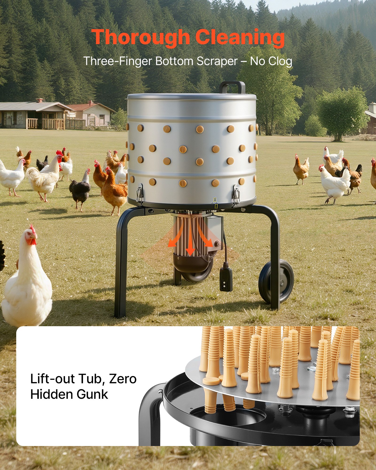 Máquina de Pelar Pollos Eléctrica, 19.7'' Tambor, 750W y 275RPM - Plucker de Pollos con 98 Dedos Blandos y Ruedas de Transporte para Carne de Poultry — imagen 3