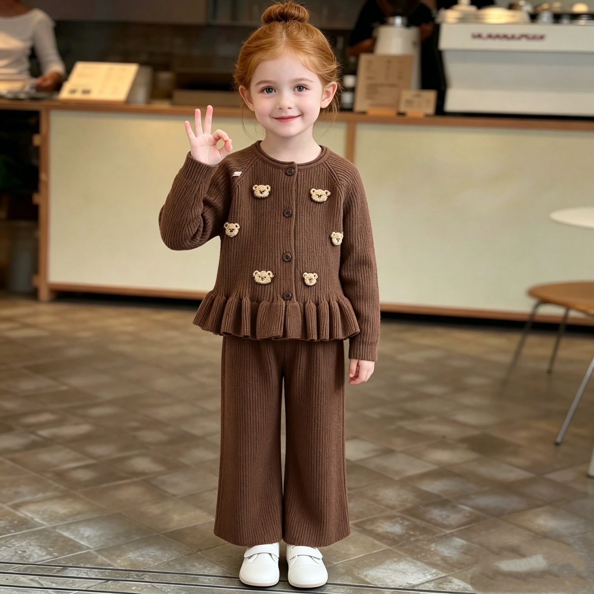 Sweet Bear Print Long Sleeve Sweater Cardigan and Casual Pants Set for Girls — image 8