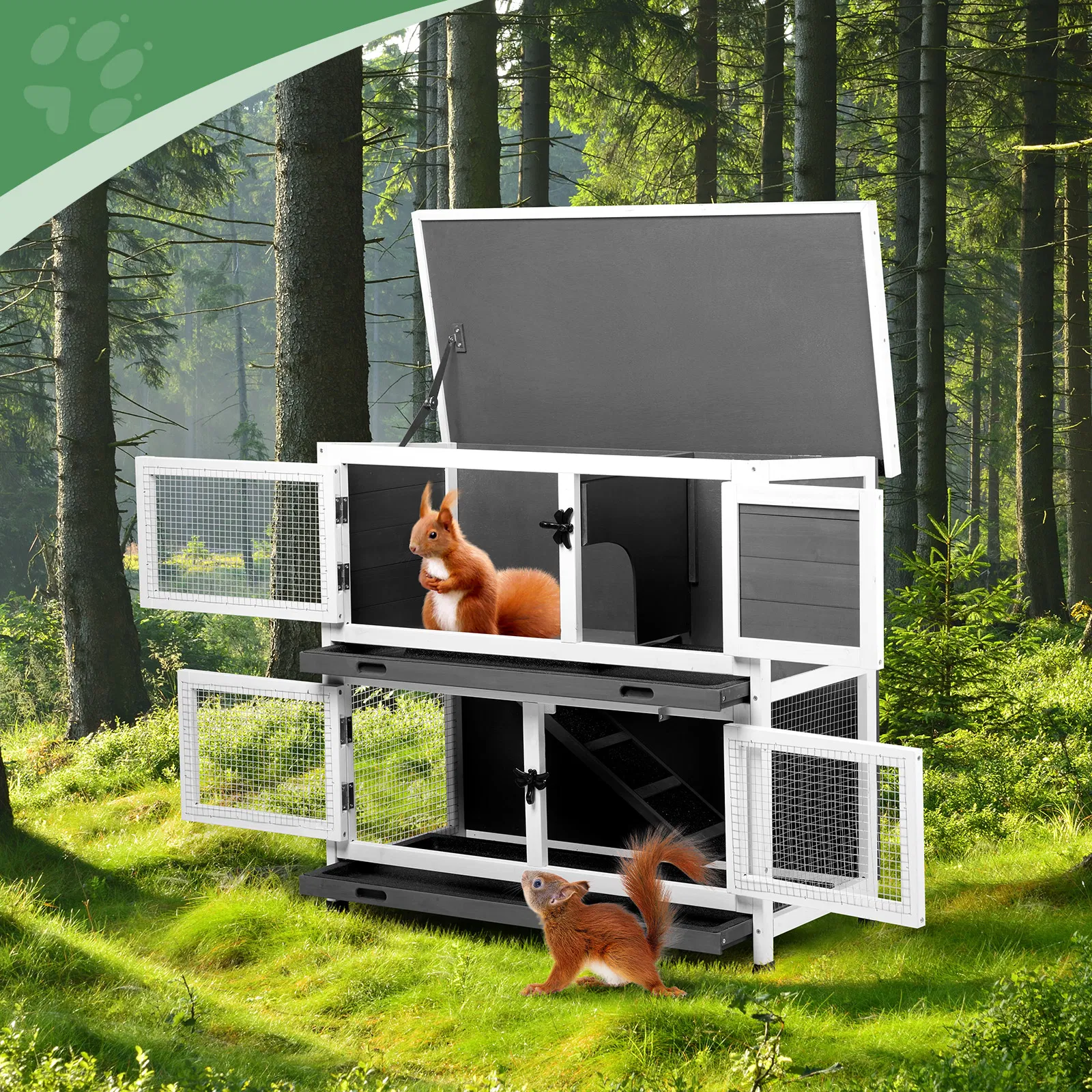 2 Story Solid Wood Rabbit Hutch Bunny Cage with 2 Large Main Rooms, Indoor Outdoor Rabbit House Guinea Pig Cage Pet House for Small Animals with 2 Removable Trays, Grey — image 13