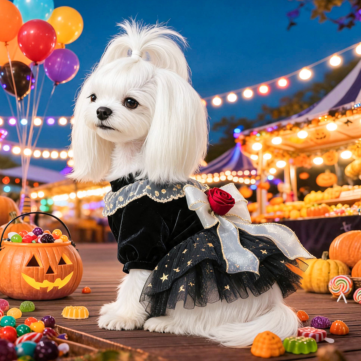 Pet Dog Cat Clothes Halloween Black Velvet Rose Dress Cute Small Dog — image 2