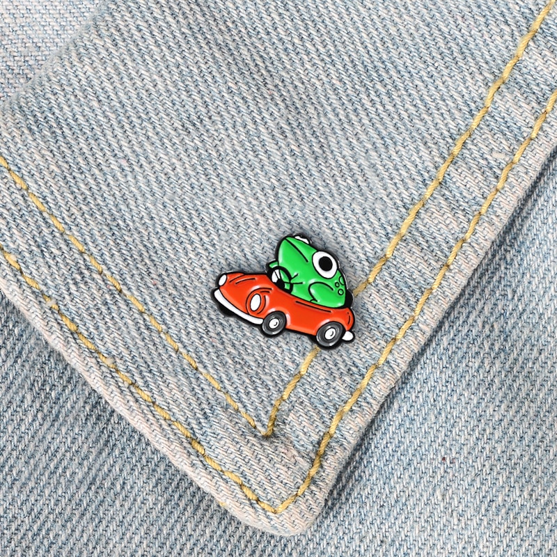 Frog Driver Enamel Pin Small Red Car Brooch Backpack Clothes Lapel Funny Animal Frog Jewelry Gift for Friends Children — image 4