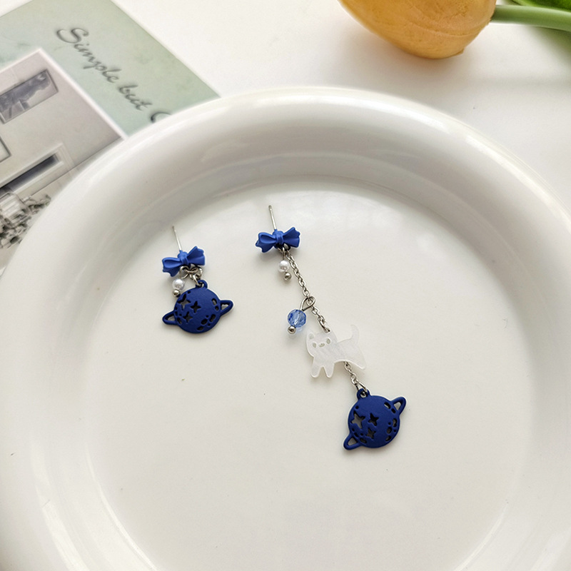 Pendientes de aguja de plata S925 Klein Blue Bow, asimétricos, de gato, largos — imagen 4