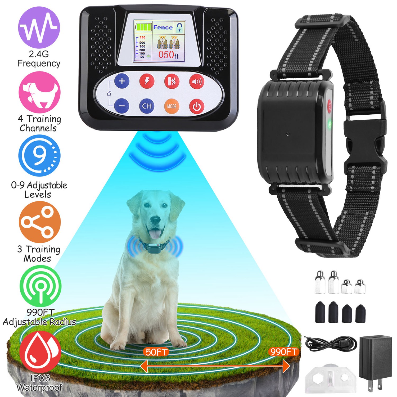 1 Juego de Cerca Inalámbrica para Perros con Alcance de 990FT, Collar de Entrenamiento con Control Remoto, Receptor Impermeable IPX6 con Niveles 0-9 de Sonido, Vibración y Descarga, Sistema Transmisor Recargable de 4 Canales — imagen 1