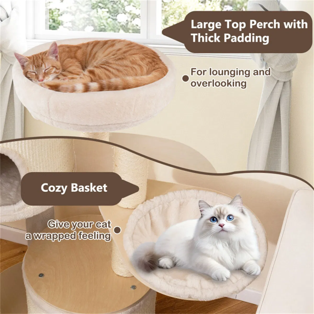 Tall Wooden Cat Tree Multi-Level Cat Tower with Sisal Scratching Posts & Condos for Indoor Cats, Natural — image 10