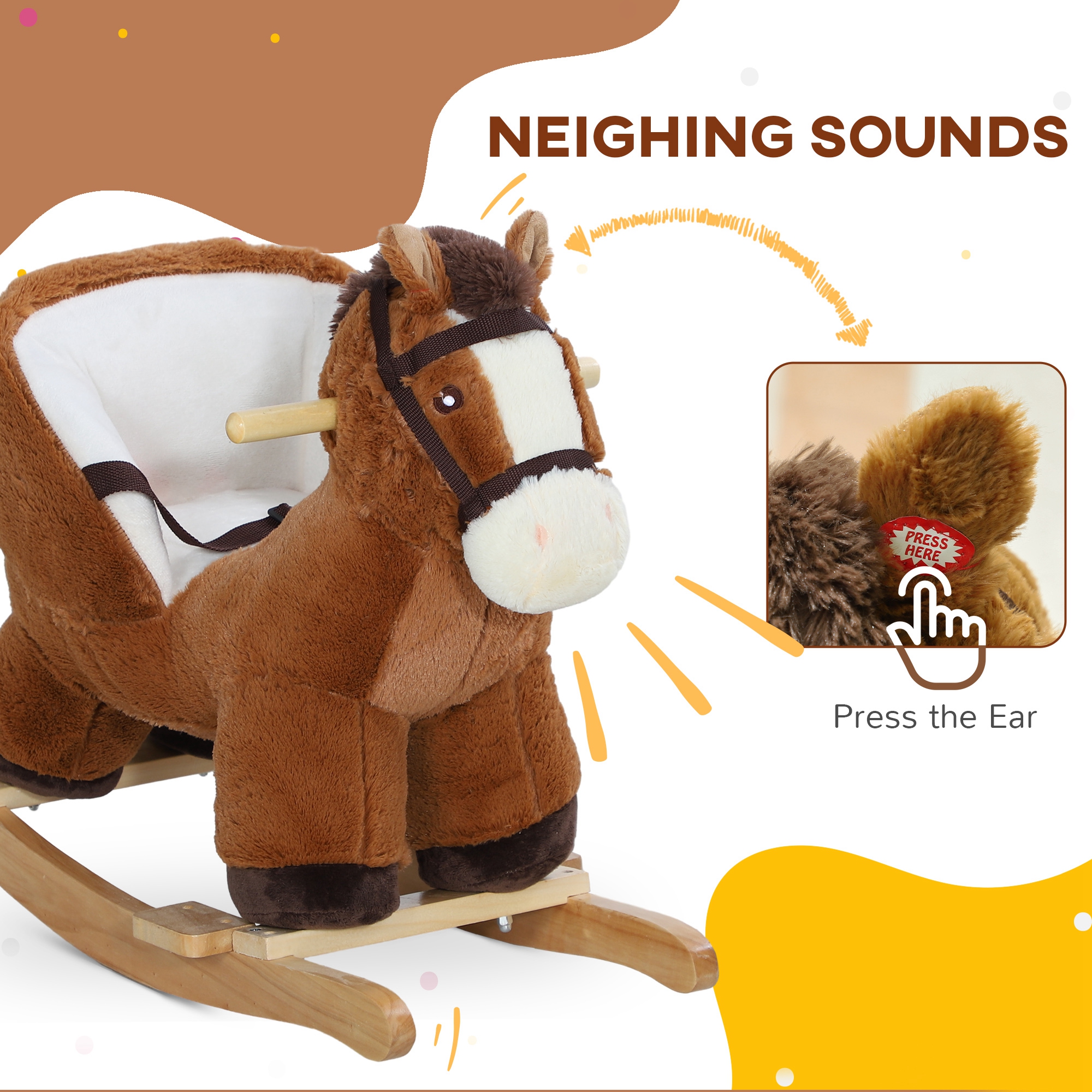 Baby Rocking Horse, Kids Ride-on with Sound, Wooden Base & Safety Belt for Ages 18-36 Months, Brown — image 5