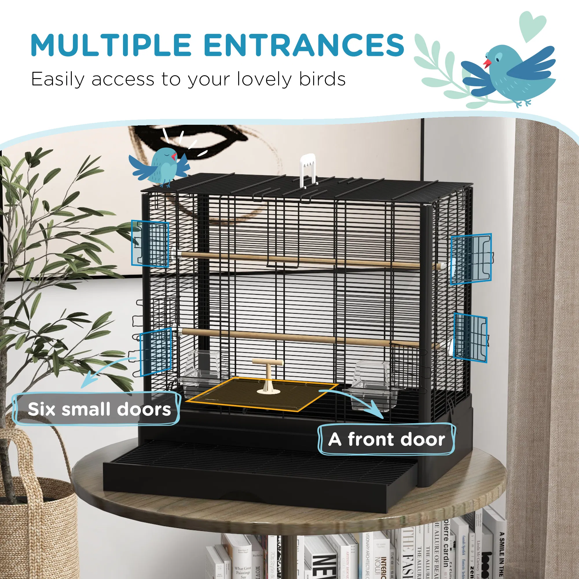 22" Bird Cage for Budgie Finches Canaries Love Birds with Wooden Stands, Slide-Out Tray, Handles, Food Containers, White — image 4