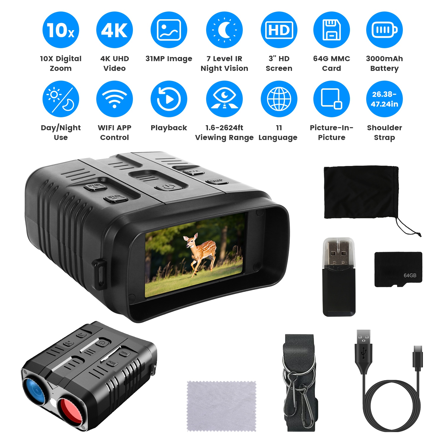 Gafas de Visión Nocturna 4K Binoculares a Todo Color con Zoom 10X, Alcance de Visión de 2624ft, Pantalla de 3in, Tarjeta MMC de 64G, Control por App WIFI, Guarda Fotos y Video, Ideal para Camping, Caza y Seguridad — imagen 2