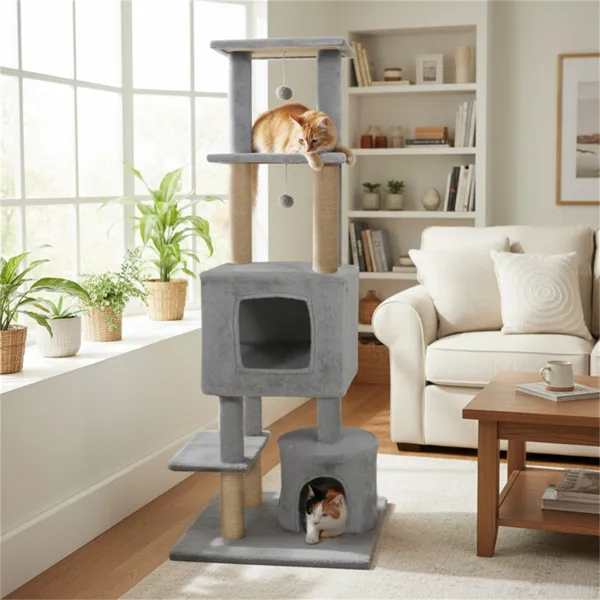 Torre para Gatos Gris Claro de 64" con Perchas de Peluche y 3 Bolas Colgantes, Postes Rascadores de Yute y Dispositivo Antivuelco para Hogares con Varios Gatos — imagen 2