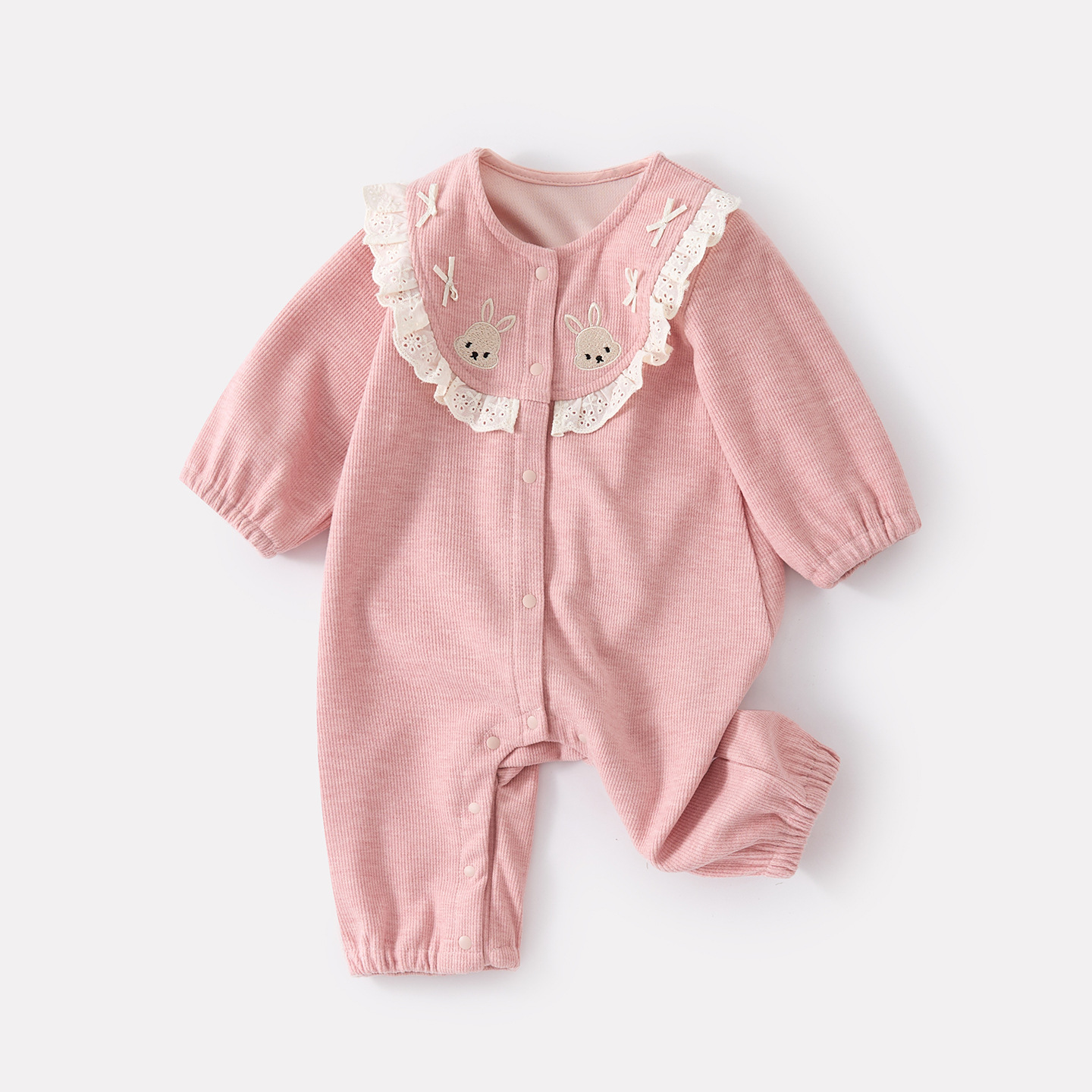 Knit Rabbit Romper for Girls, Lace Collar Cartoon Full-Opening Long Bodysuit — image 7