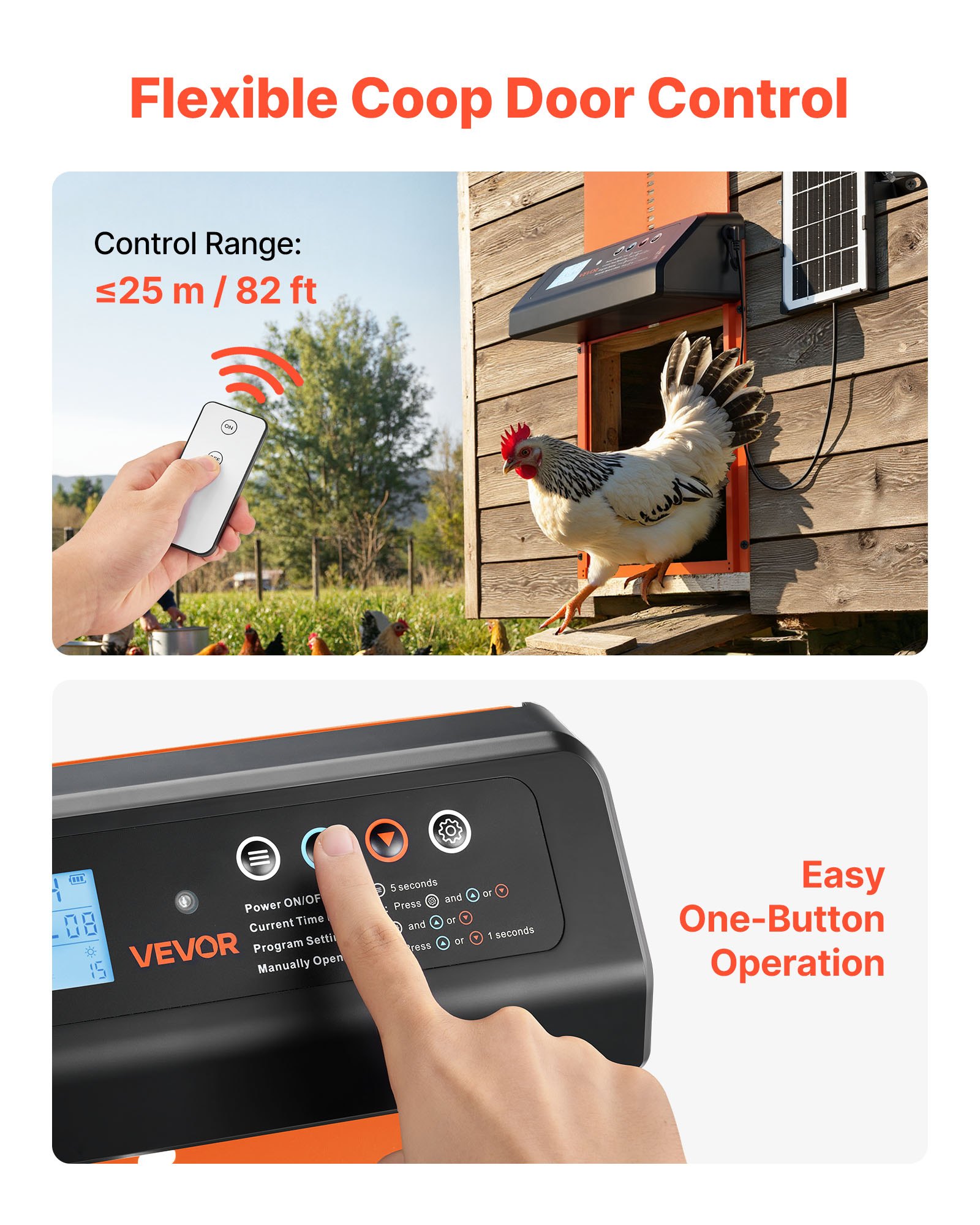 Puerta Automática para Gallineros con Energía Solar y Batería, Pantalla LCD, Control Remoto, Sensor de Luz y Programador, Protección Antiderrame, Puerta de Corral para Pollos de Aluminio, Naranja — imagen 4