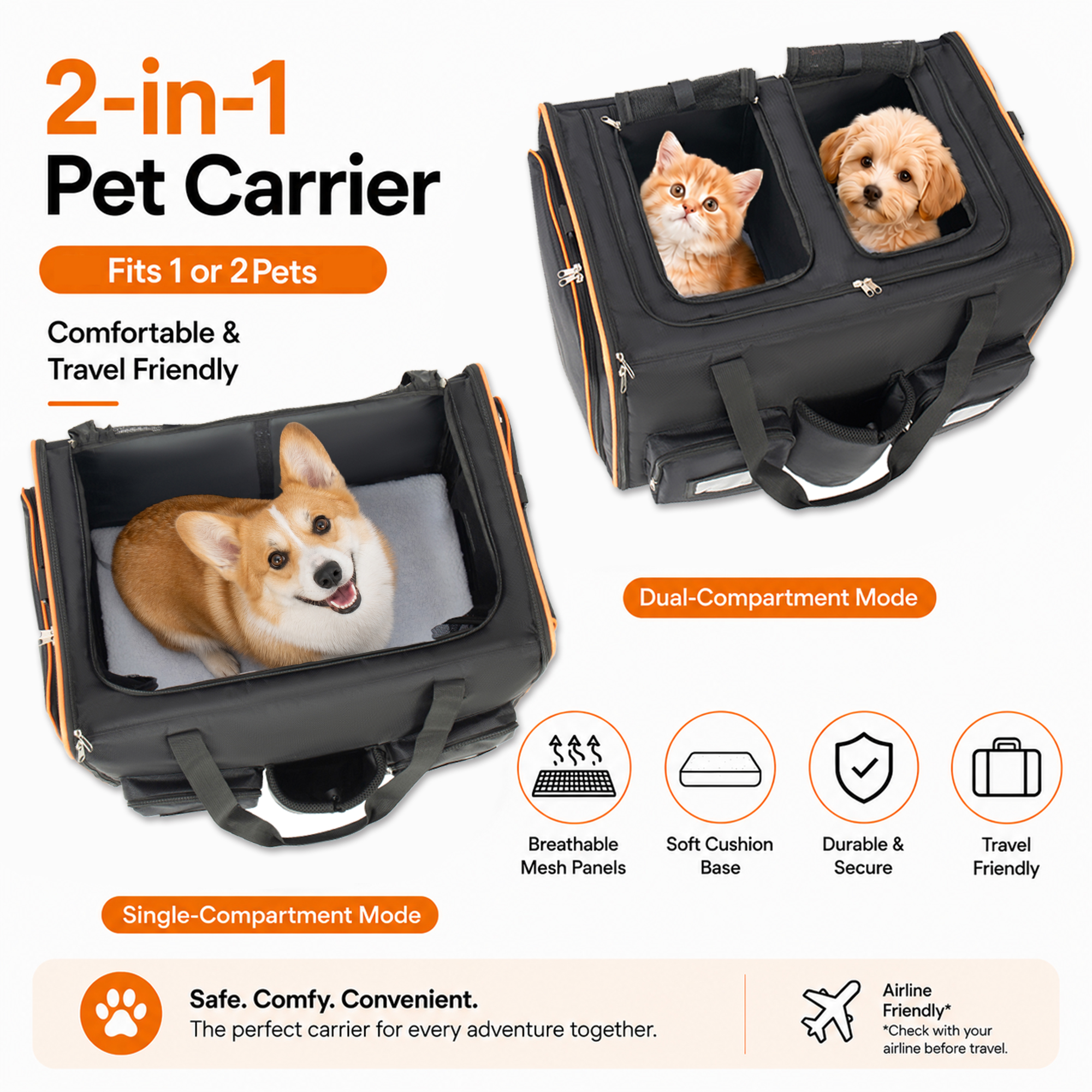 Transportadora Grande 2 en 1 para Gatos para 2 Gatos, Transportadora con Ruedas, Expandible y Plegable con Divisor Removible, Malla Transpirable de Oxford, Jaula de Viaje para Gatos para Auto/Campamento/Veterinario, Negro — imagen 5