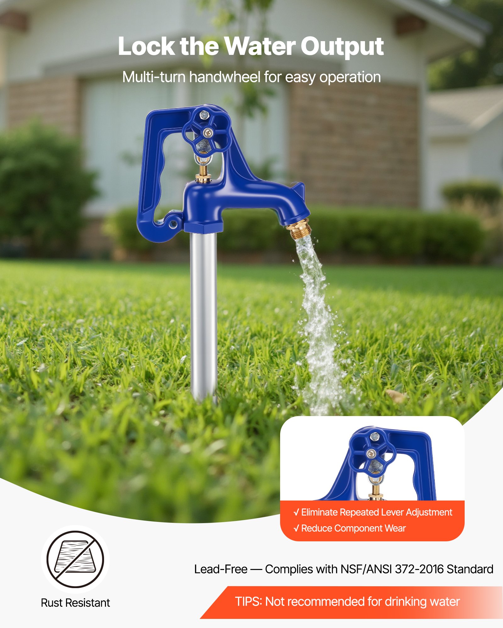 Frost Proof Yard Hydrant, 6.22FT Freeze-Proof Outdoor Faucet With 48" Bury Depth, 3/4" NPT Pipe Connection, Lever Handle + Handwheel, No Lead Freezeless Hydrant For Yard Garden Farm Irrigation — imagen 3
