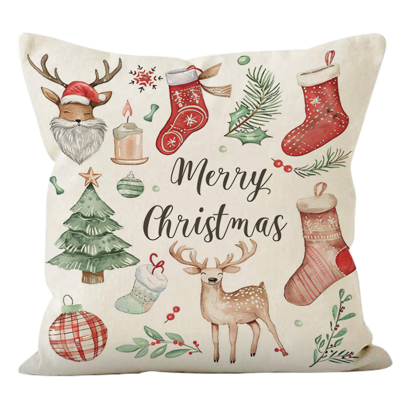 Christmas Socks Printed Pillow Cover Christmas Reindeer Linen Pillowcase Living Room Bedroom Decoration — image 5