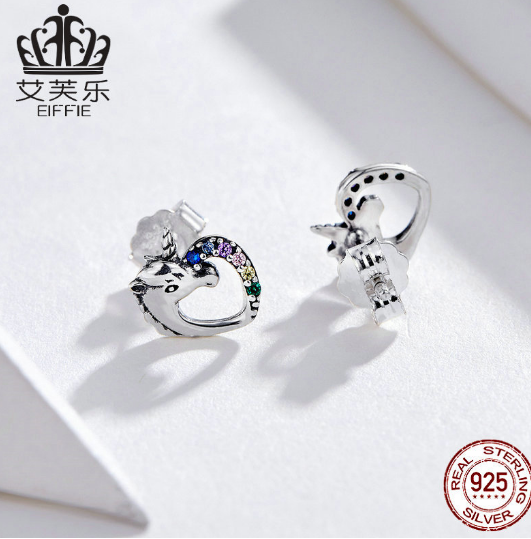 EIFFIE S925 Sterling Silver Stud Earrings Unicorn Fashion Silver Earrings Colored Zircon Silver Stud Earrings — image 2