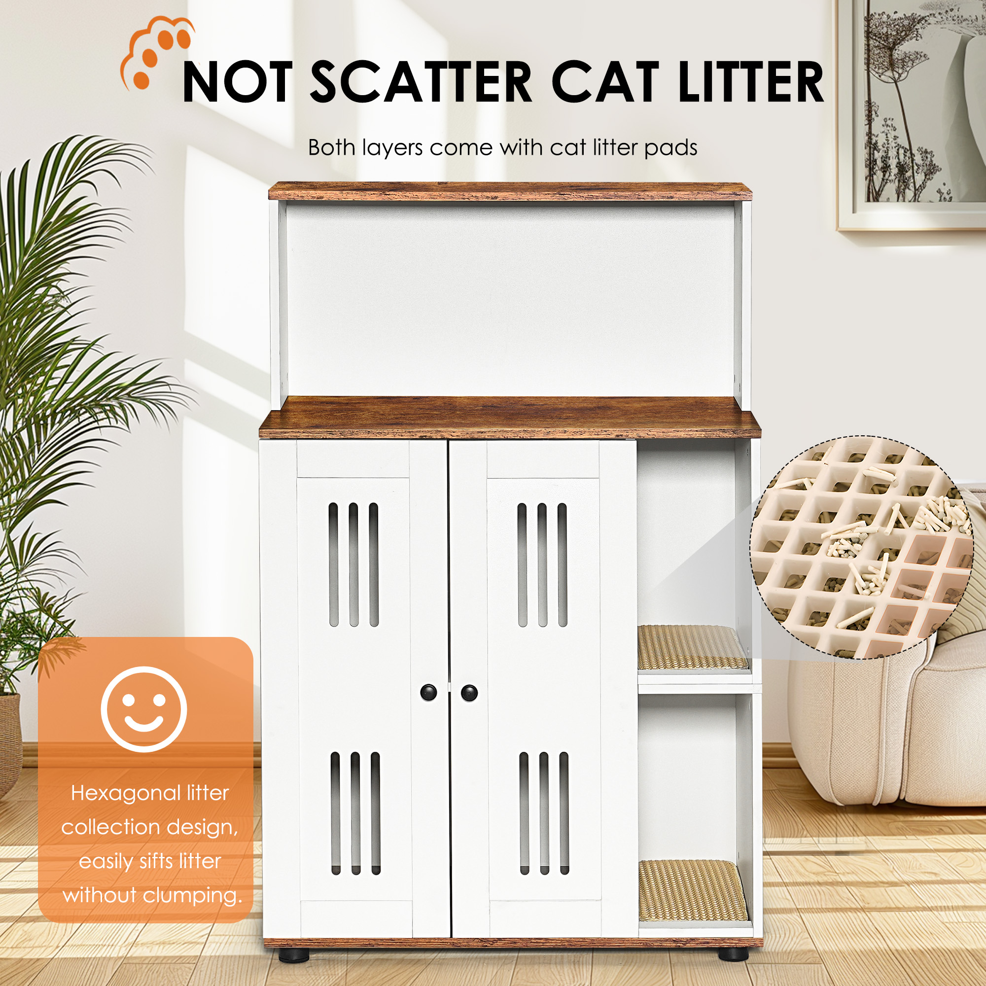 Caja de Arena Oculta para 2 Gatos, Mueble Escondido para Felinos, Cabaña de Arena Doble, Usable como Mueble Lateral y Baño — imagen 2