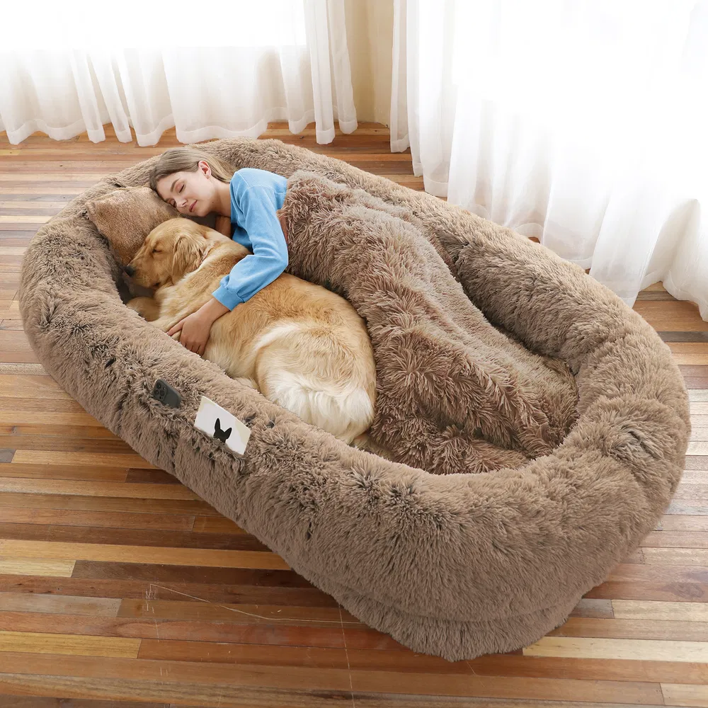 Cama para Perros y Personas Grande, Para Ti y Tu Mascota, Cama de Felpa Sintética Lavable para Dormir o Descansar, Soporte Óptimo para Canes, Almohada Pluma Presente, Manta, Correa — imagen 7