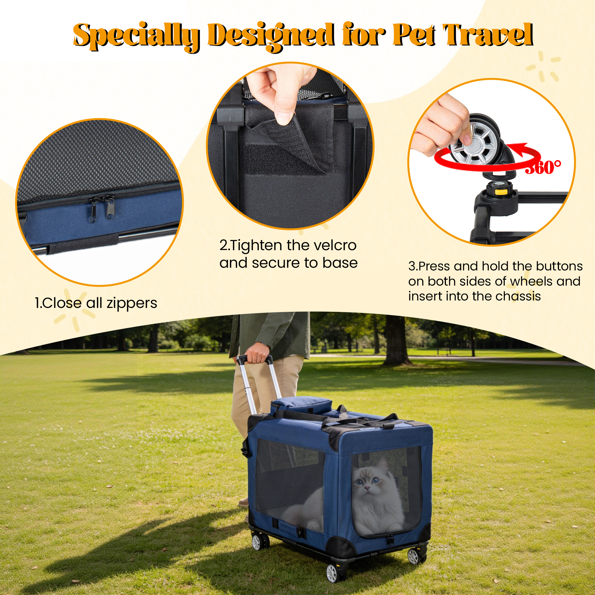 2 en 1, Jaula de Viaje Plegable de 28 Pulgadas para Perros Medianos y Grandes, Transportadora Rodante con Ruedas, Casa Portátil Plegable de 3 Puertas con Ventanas de Malla, Uso en Interior y Exterior, Azul Oscuro — imagen 5