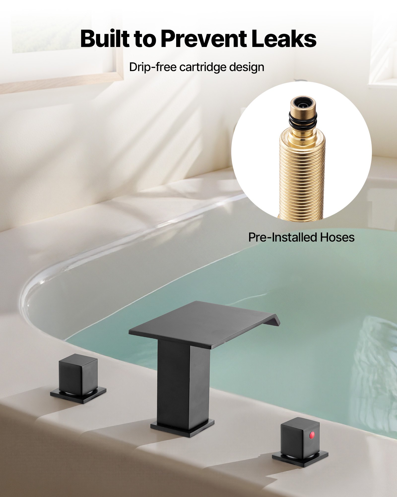 Roman Tub Faucet, 3 Hole Waterfall Bathtub Faucet, Roman Bathtub Faucets Set With 2 Handles, Deck Mount Bath Tub Faucets Set For Pet Washing, Baby Care, Adult Bathing, Matte Black, Drip-Free — imagen 3