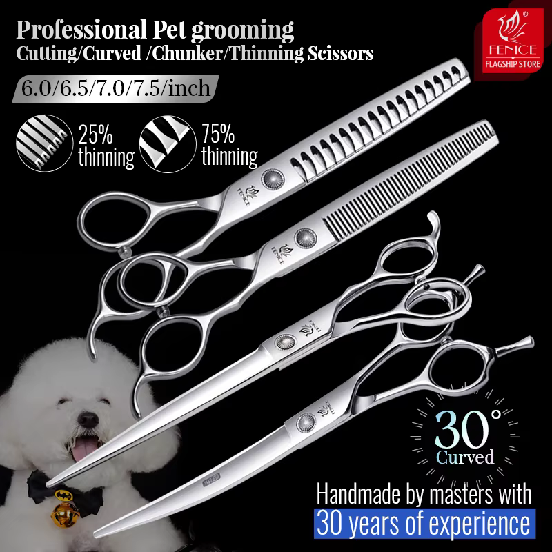 Fenice 6//6.5/7/7.5 Inch Professional Pet Dogs Grooming Scissors Set Straight & Curved & Thinner & Chunker Shear Scissors — image 1
