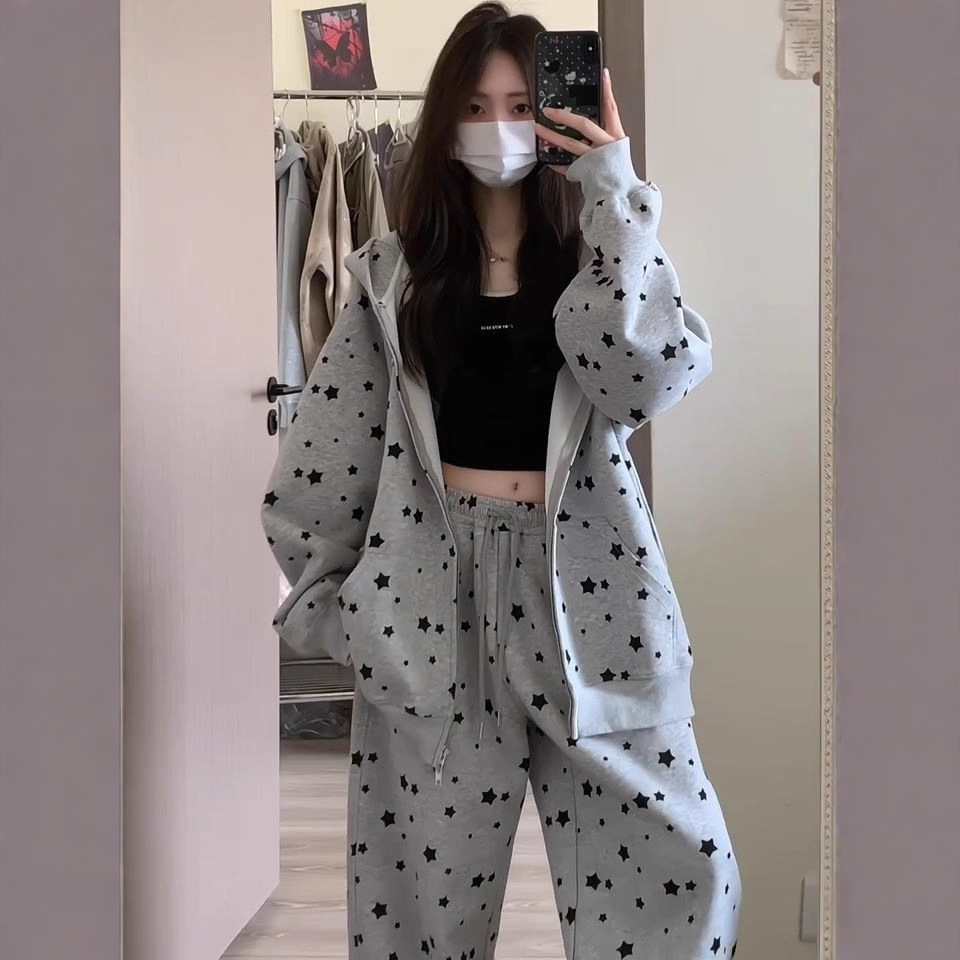 Star Print Rabbit Ears Fashion Set for Women, Hooded Sweatshirt Cardigan, Lazy Loose Two-Piece Set — image 4
