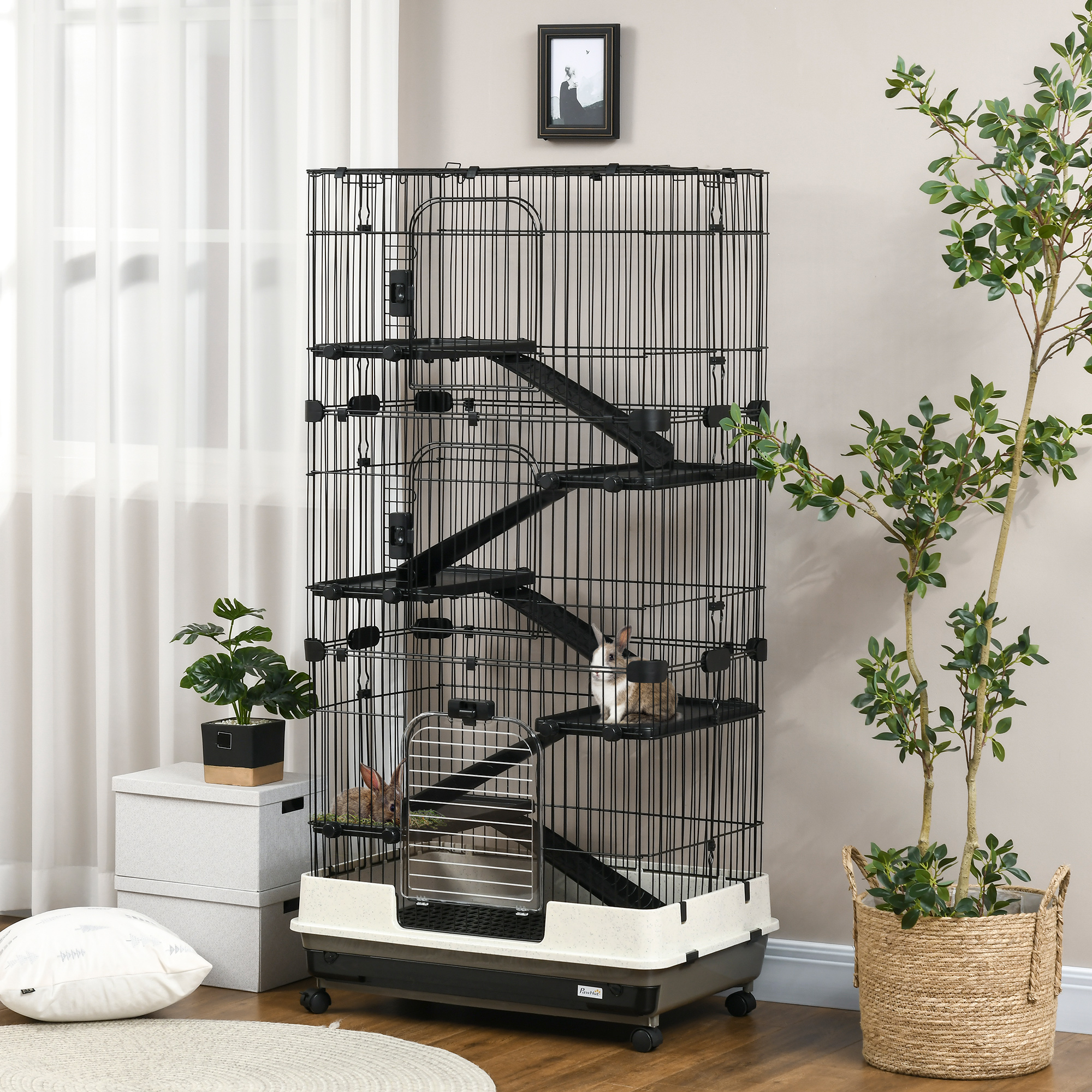 L 6-Level Small Animal Cage Rabbit Hutch with Universal Lockable Wheels, Slide-out Tray for Bunny, Chinchillas, Ferret, Black — imagen 7