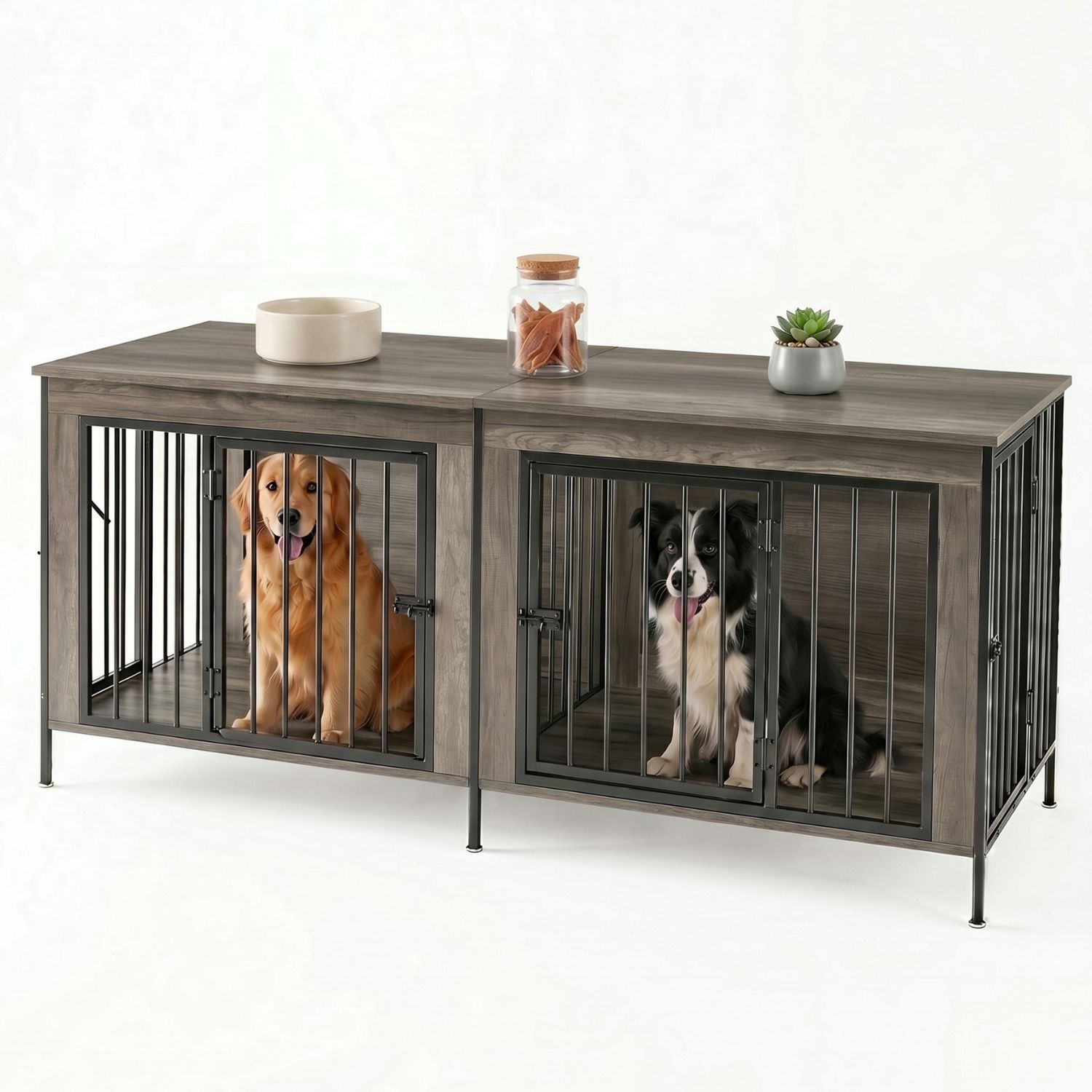 Double Dog Crate Furniture With Divider, Heavy Duty Pet Kennel End Table TV Stand, Extra Large Double Door — image 1